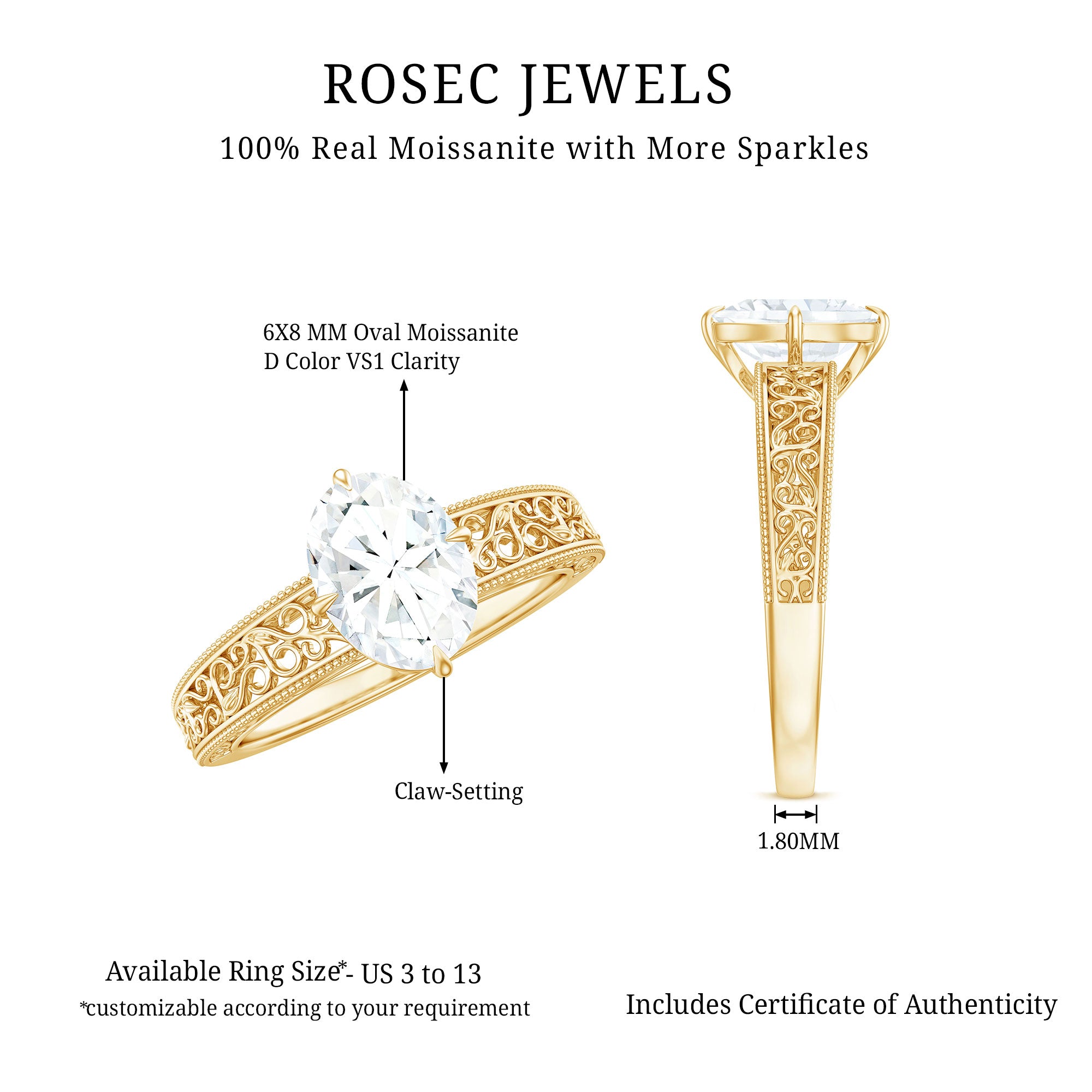 6X8mm Moissanite Oblong Engagement Ring with Filigree Shank D-VS1 - Rosec Jewels