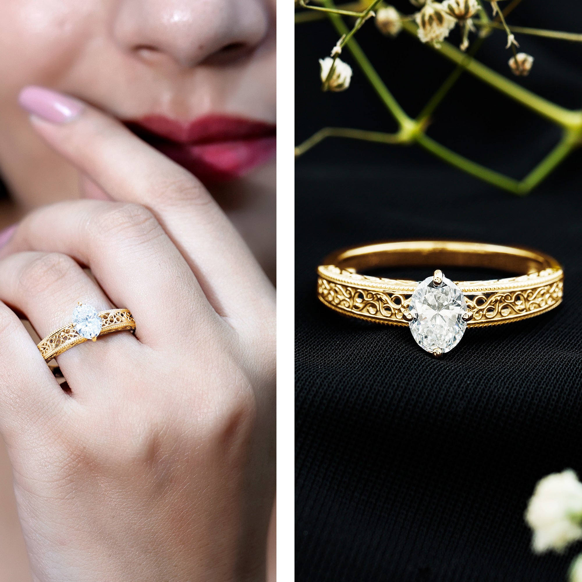 6X8mm Moissanite Oblong Engagement Ring with Filigree Shank D-VS1 - Rosec Jewels
