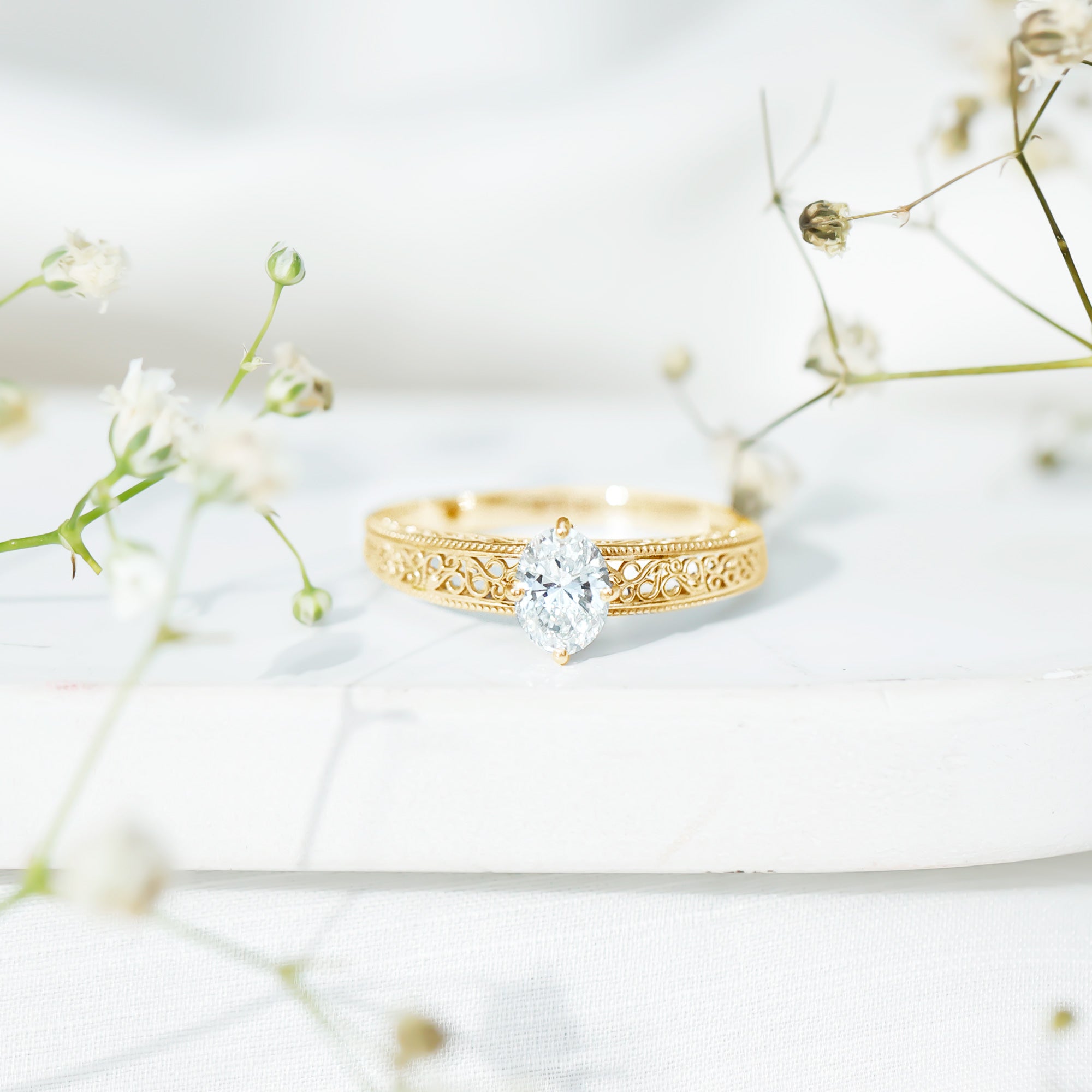 6X8mm Moissanite Oblong Engagement Ring with Filigree Shank D-VS1 - Rosec Jewels