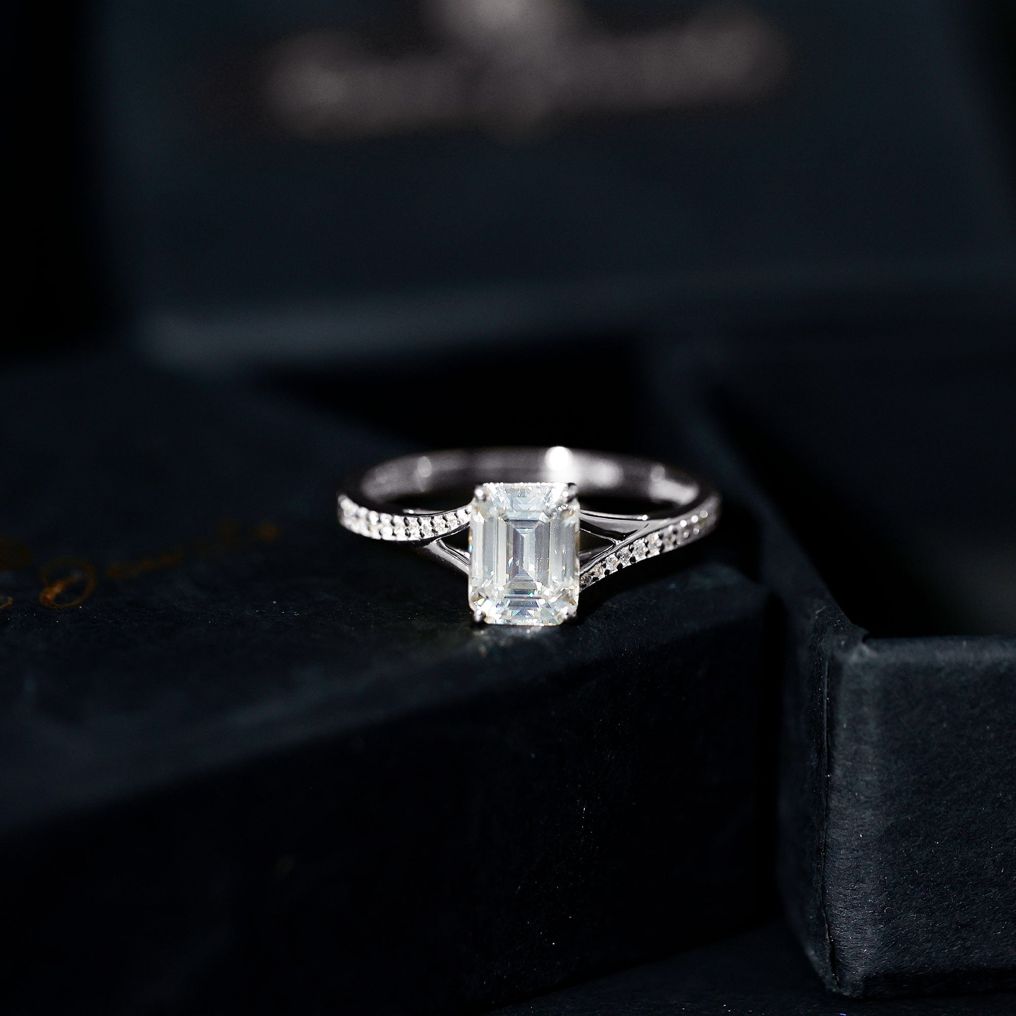 Emerald Cut Moissanite Solitaire Engagement Ring with Split Shank D-VS1 - Rosec Jewels