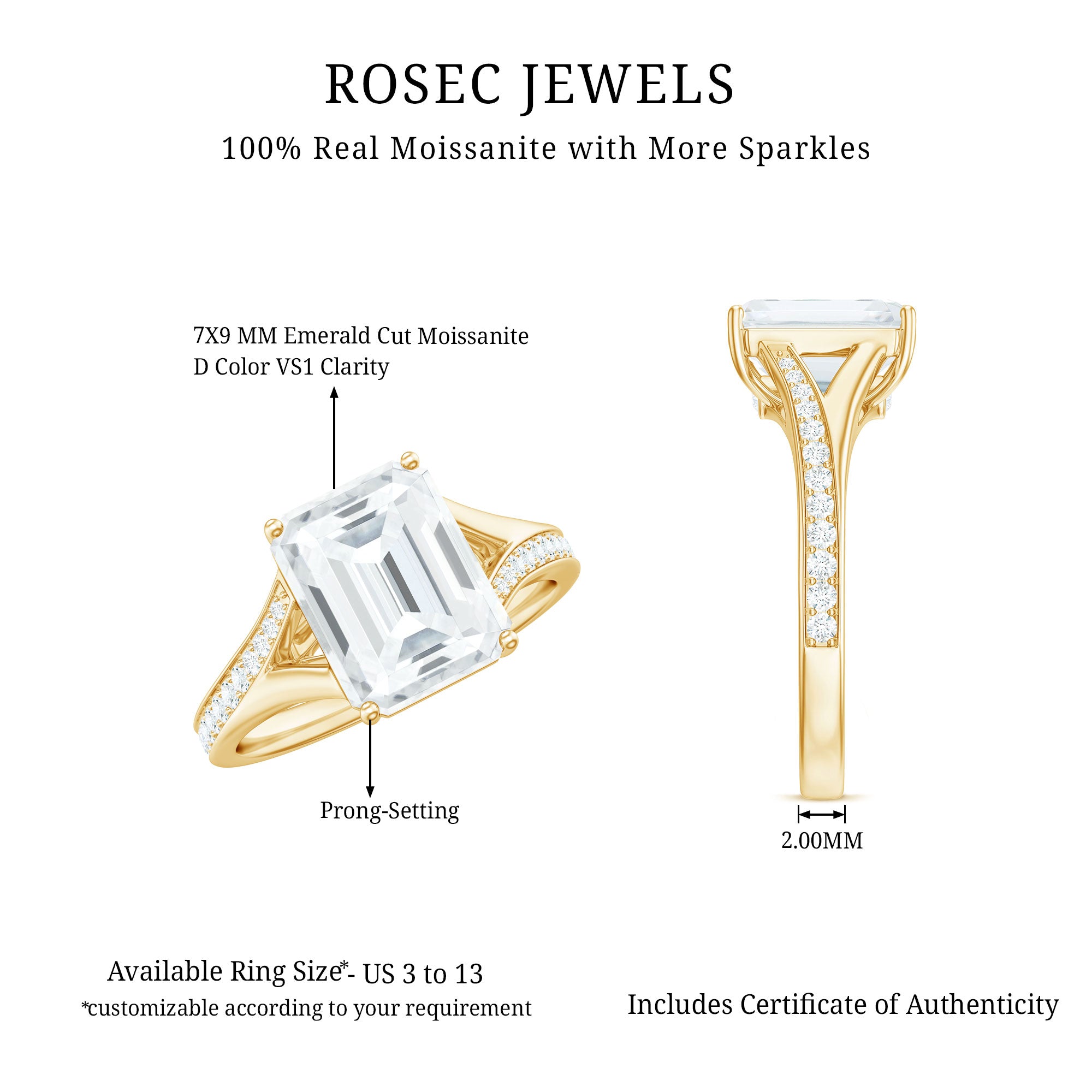 Emerald Cut Moissanite Solitaire Engagement Ring with Split Shank D-VS1 - Rosec Jewels