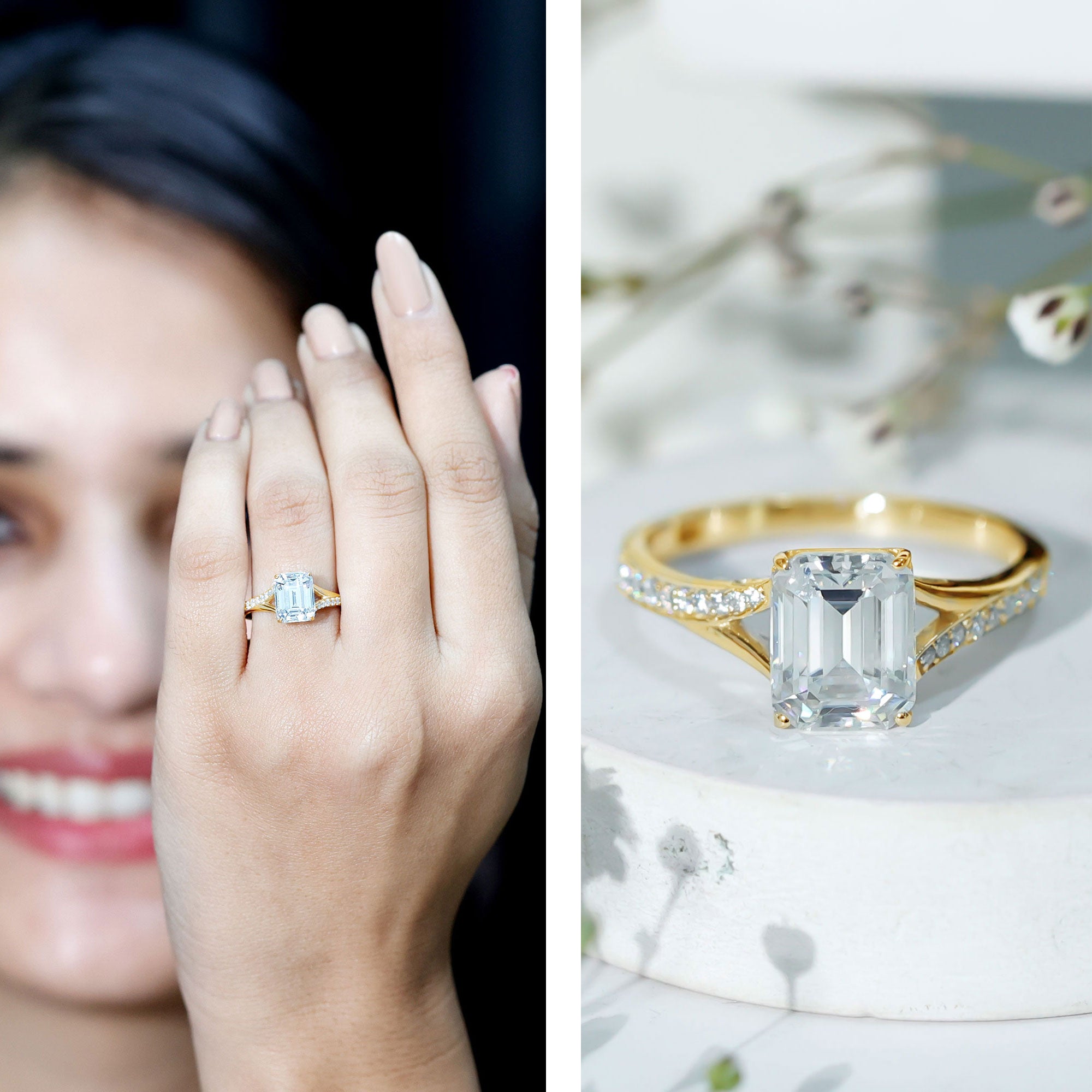 Emerald Cut Moissanite Solitaire Engagement Ring with Split Shank D-VS1 - Rosec Jewels
