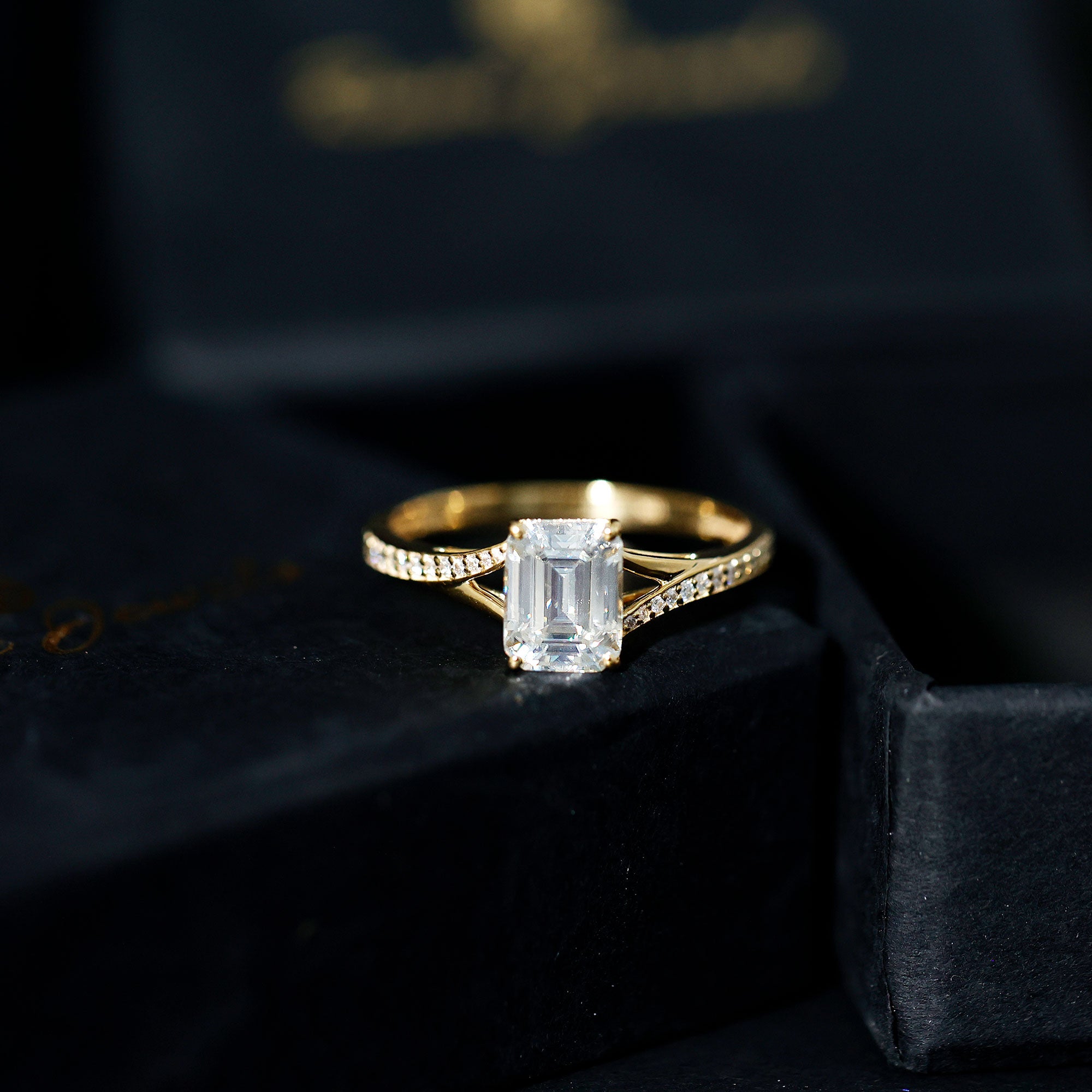 Emerald Cut Moissanite Solitaire Engagement Ring with Split Shank D-VS1 - Rosec Jewels