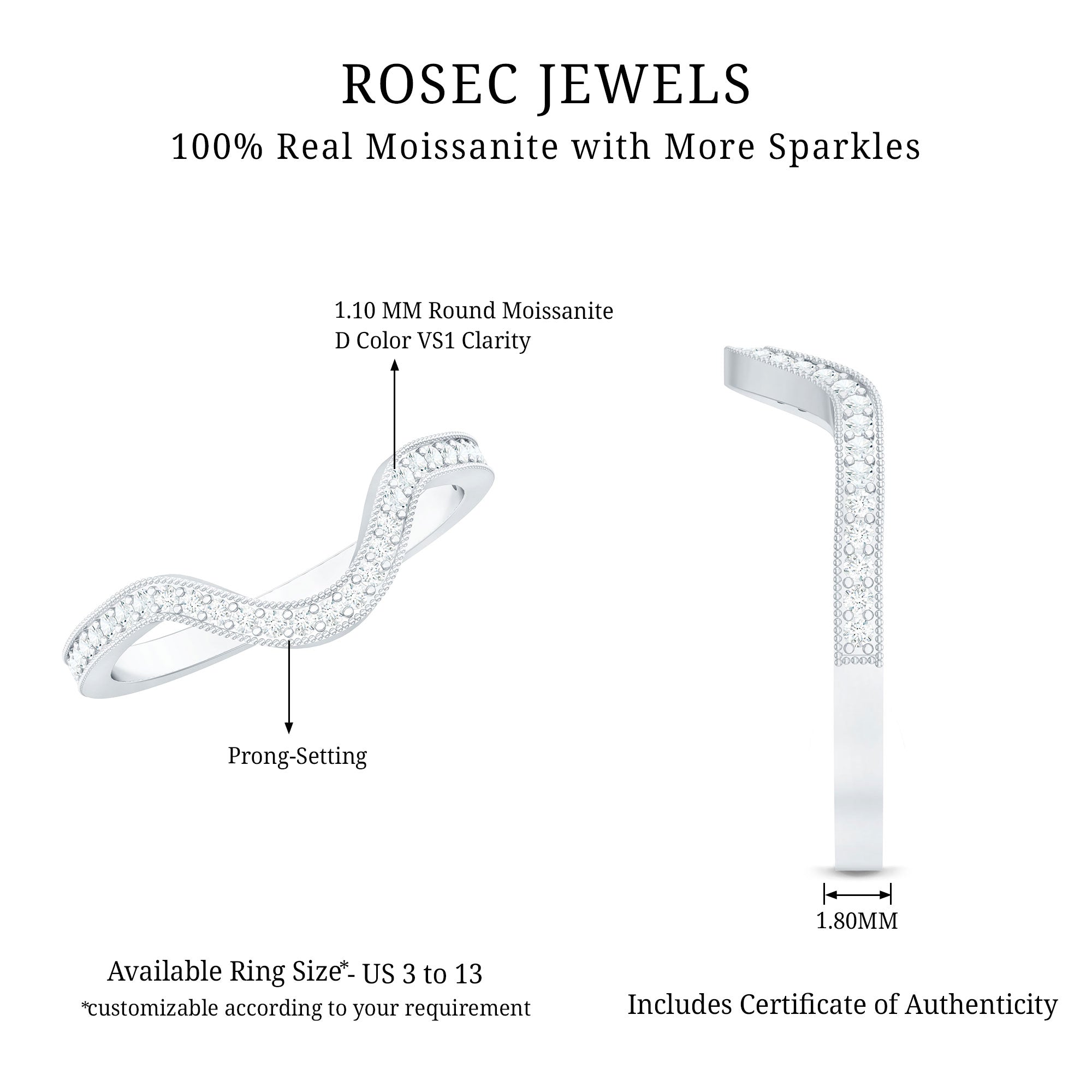 Certified Moissanite Curved Enhancer Band For Women D-VS1 - Rosec Jewels