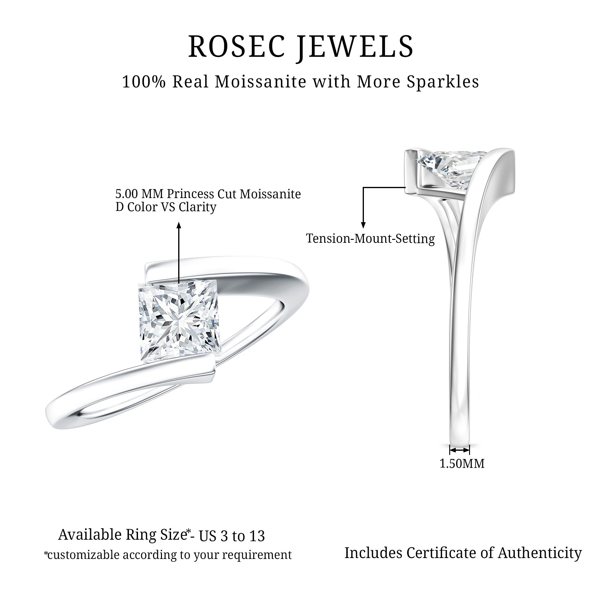 Classic Princess Cut Moissanite Solitaire Bypass Ring D-VS1 - Rosec Jewels