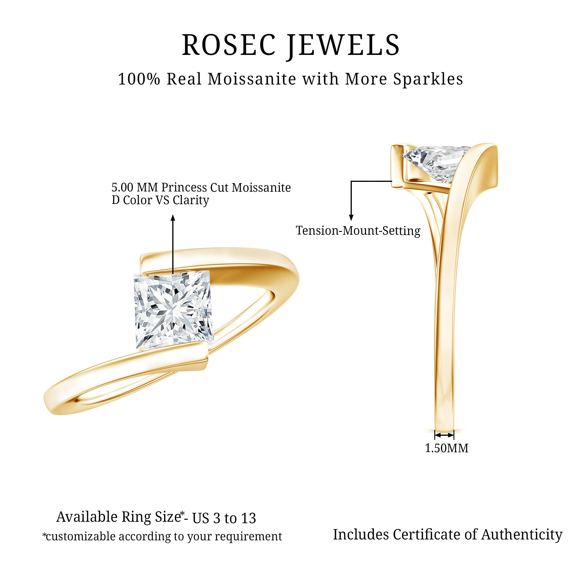Classic Princess Cut Moissanite Solitaire Bypass Ring D-VS1 - Rosec Jewels