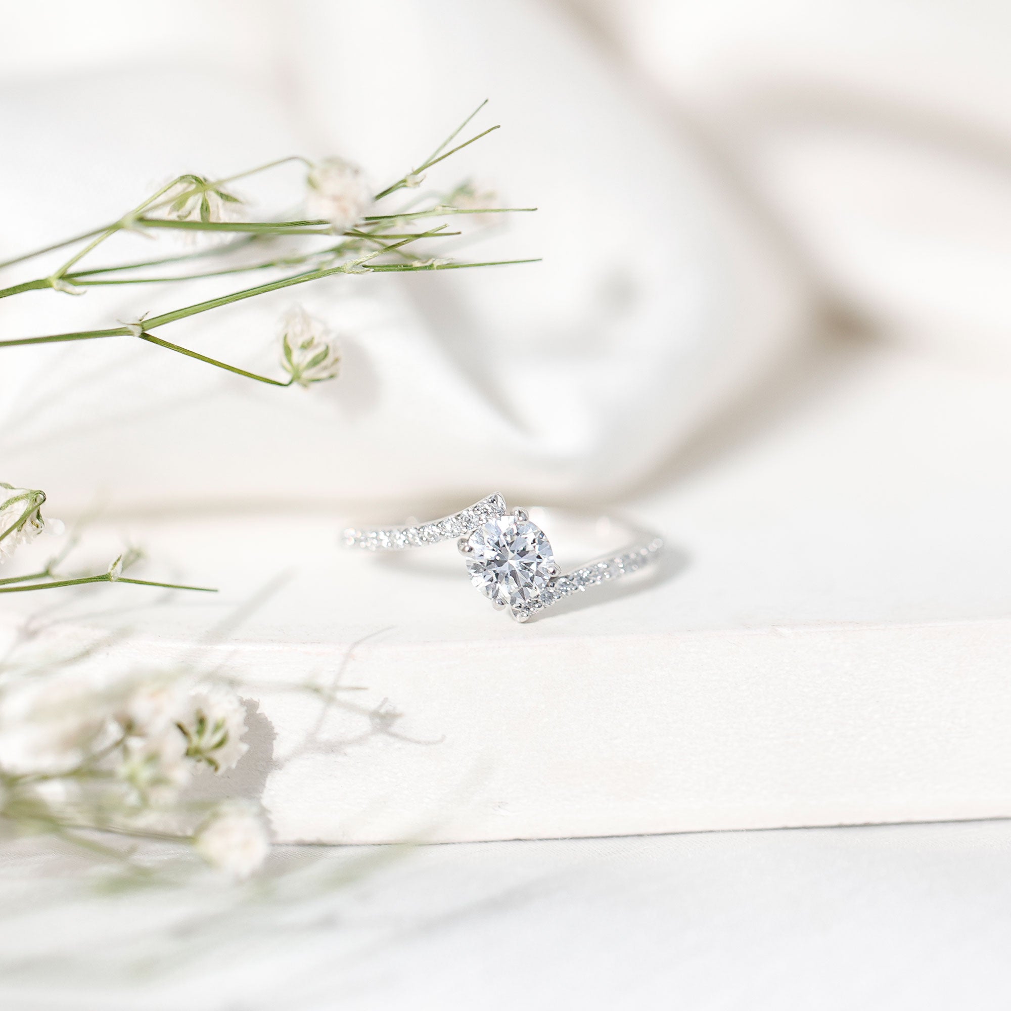 Certified Brilliant Cut Moissanite Solitaire Promise Ring with Bypass Shank D-VS1 - Rosec Jewels