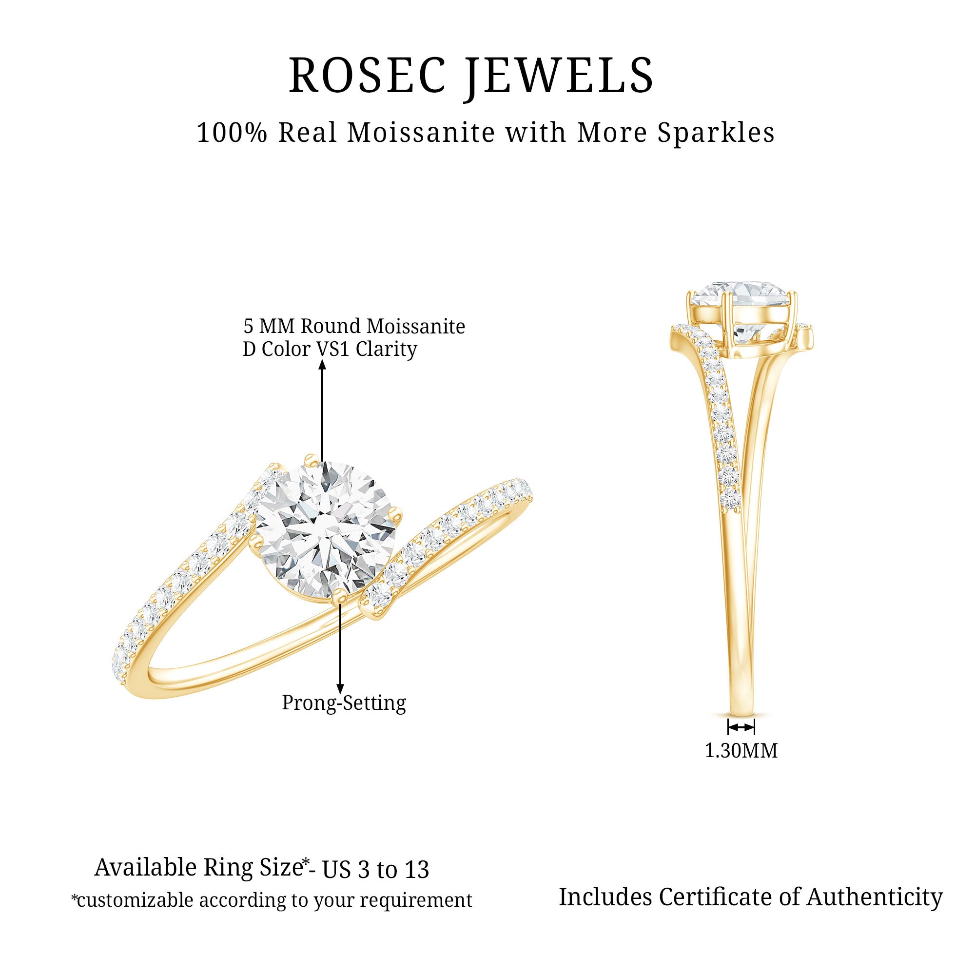 Certified Brilliant Cut Moissanite Solitaire Promise Ring with Bypass Shank D-VS1 - Rosec Jewels