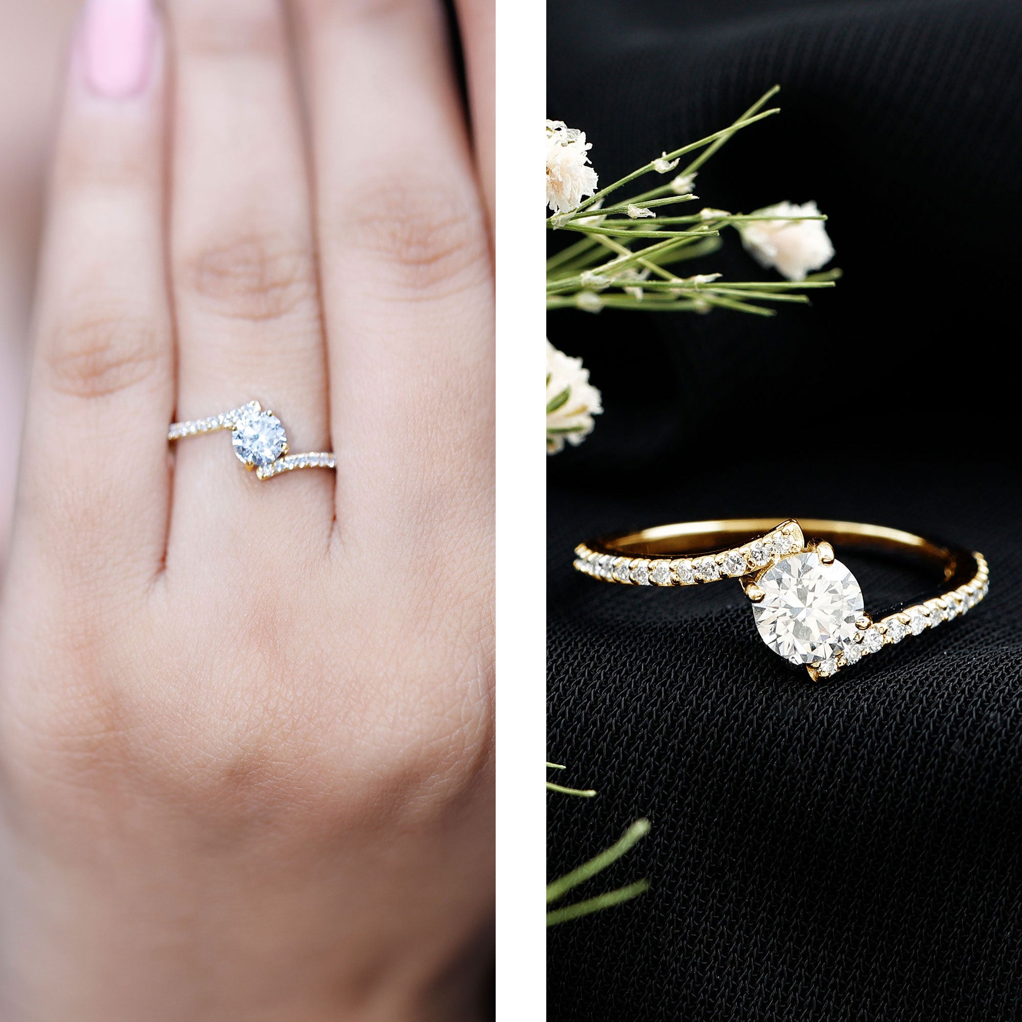Certified Brilliant Cut Moissanite Solitaire Promise Ring with Bypass Shank D-VS1 - Rosec Jewels