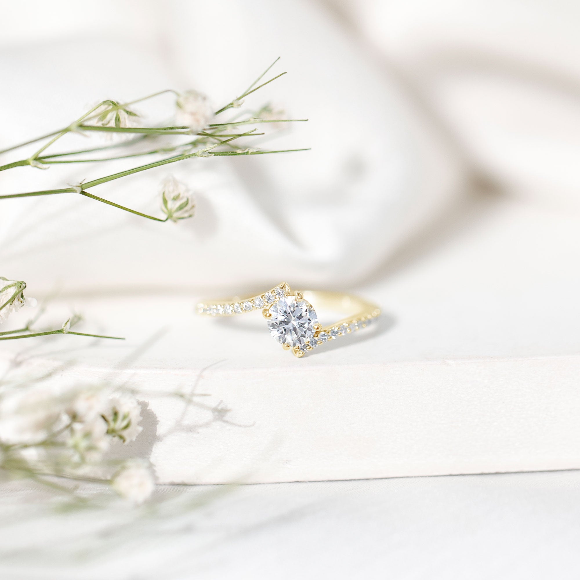 Certified Brilliant Cut Moissanite Solitaire Promise Ring with Bypass Shank D-VS1 - Rosec Jewels