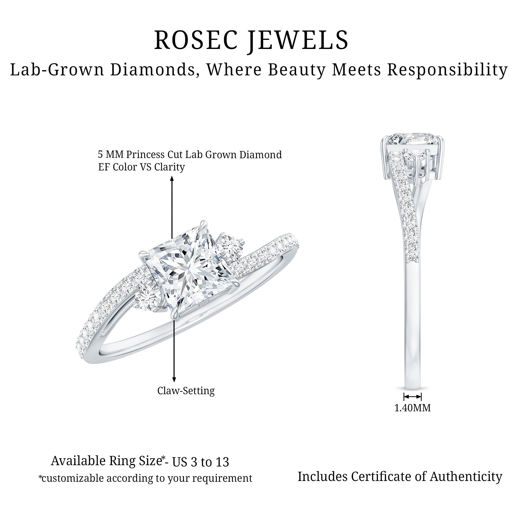 Princess Cut Moissanite Bypass Engagement Ring D-VS1 - Rosec Jewels