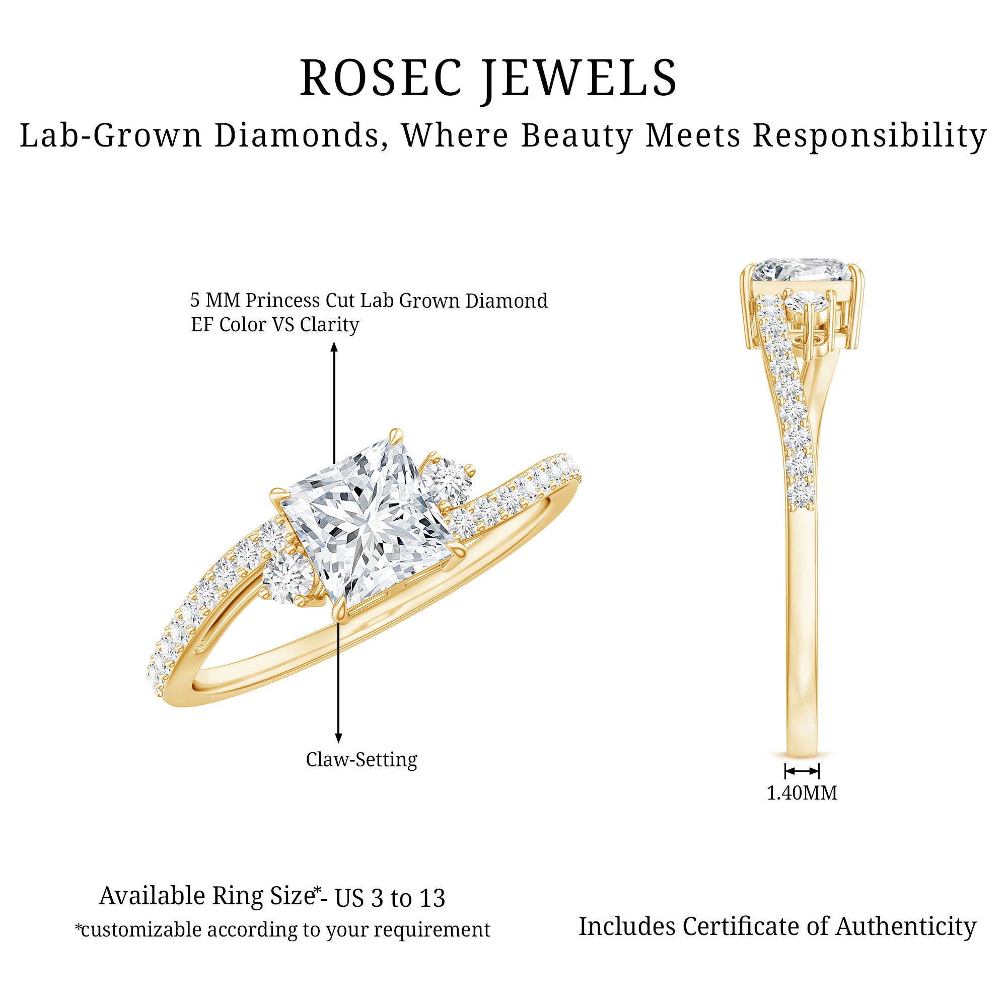 Princess Cut Moissanite Bypass Engagement Ring D-VS1 - Rosec Jewels