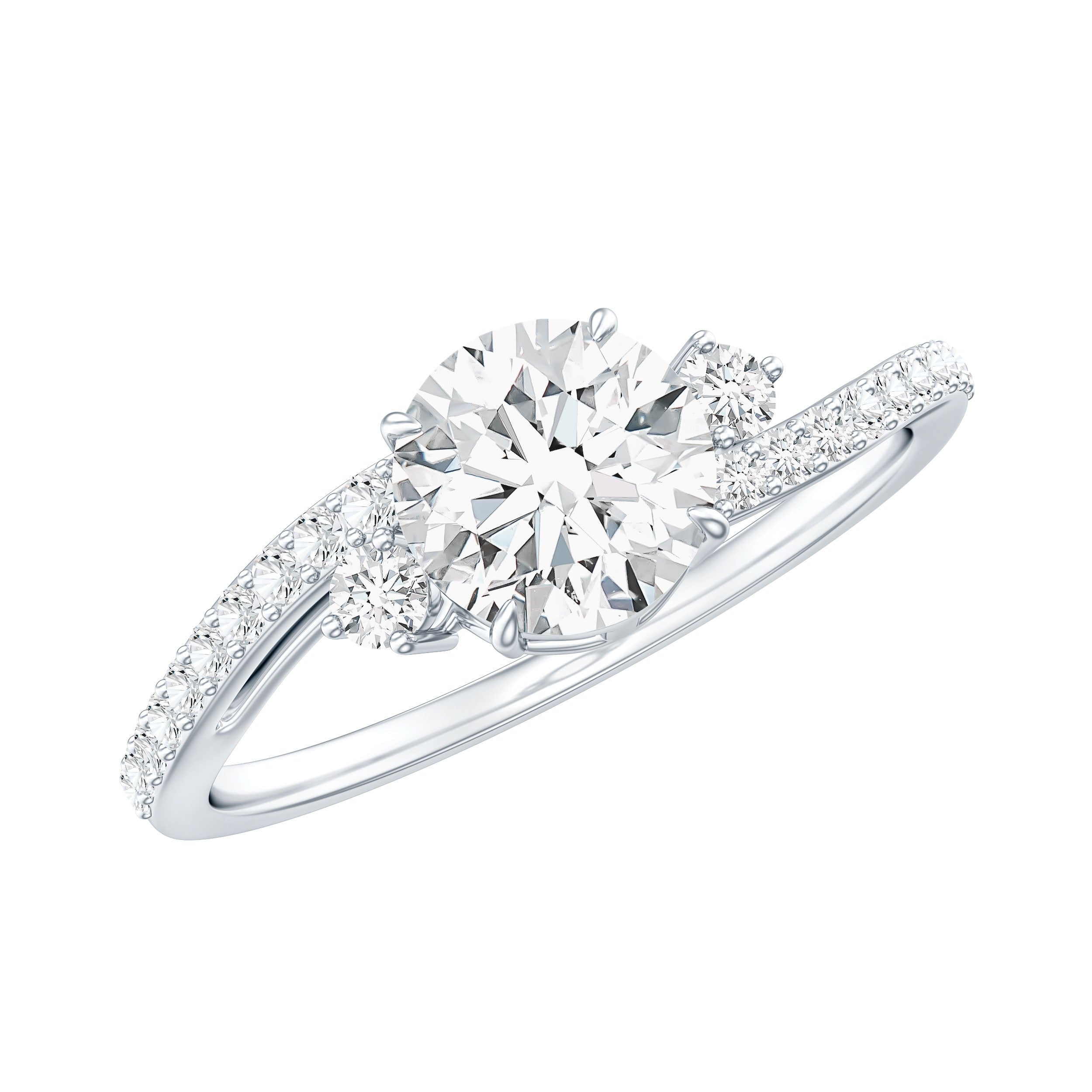 Round Shape Moissanite Bypass Engagement Ring with Side Stones D-VS1 - Rosec Jewels
