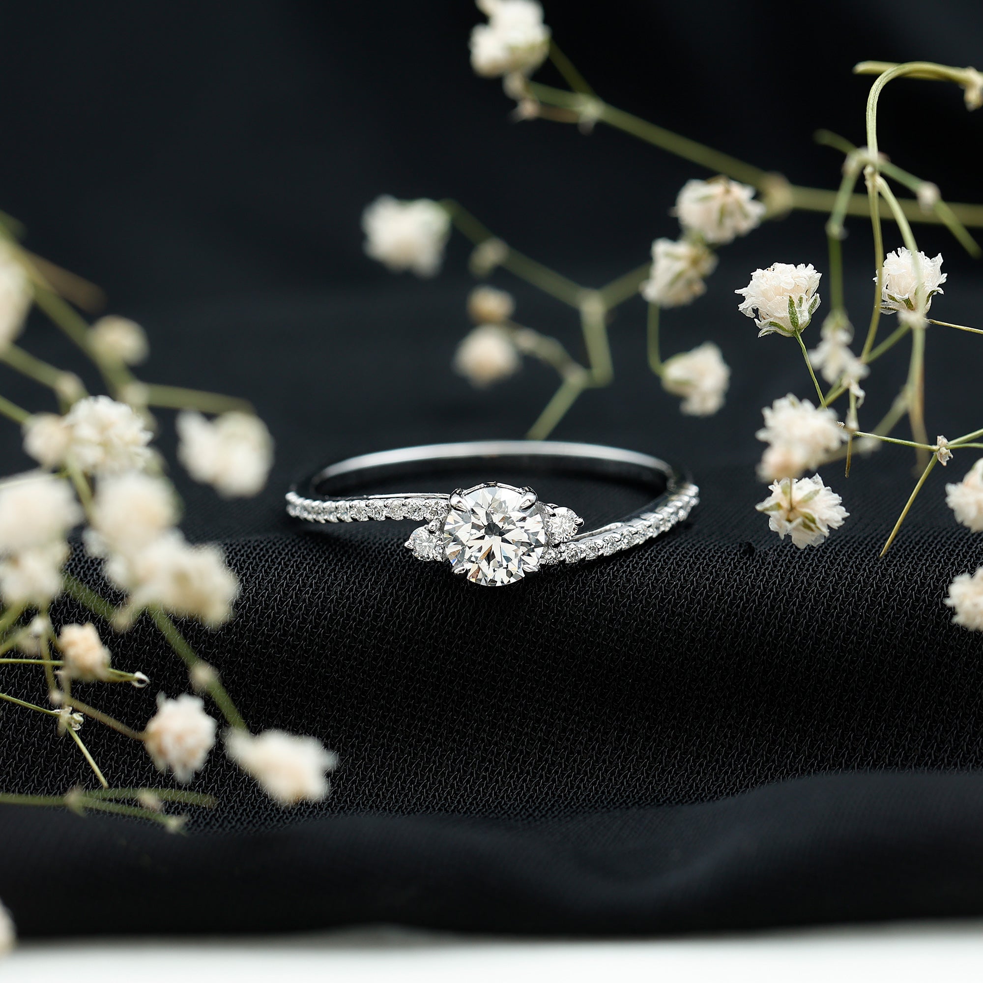 Round Shape Moissanite Bypass Engagement Ring with Side Stones D-VS1 - Rosec Jewels
