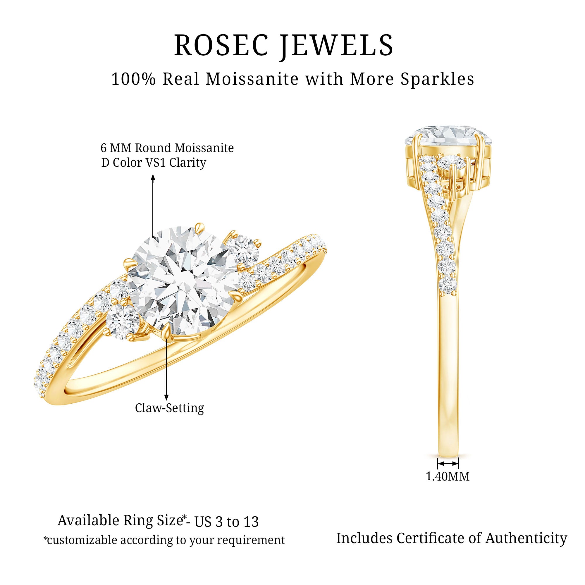 Round Shape Moissanite Bypass Engagement Ring with Side Stones D-VS1 - Rosec Jewels