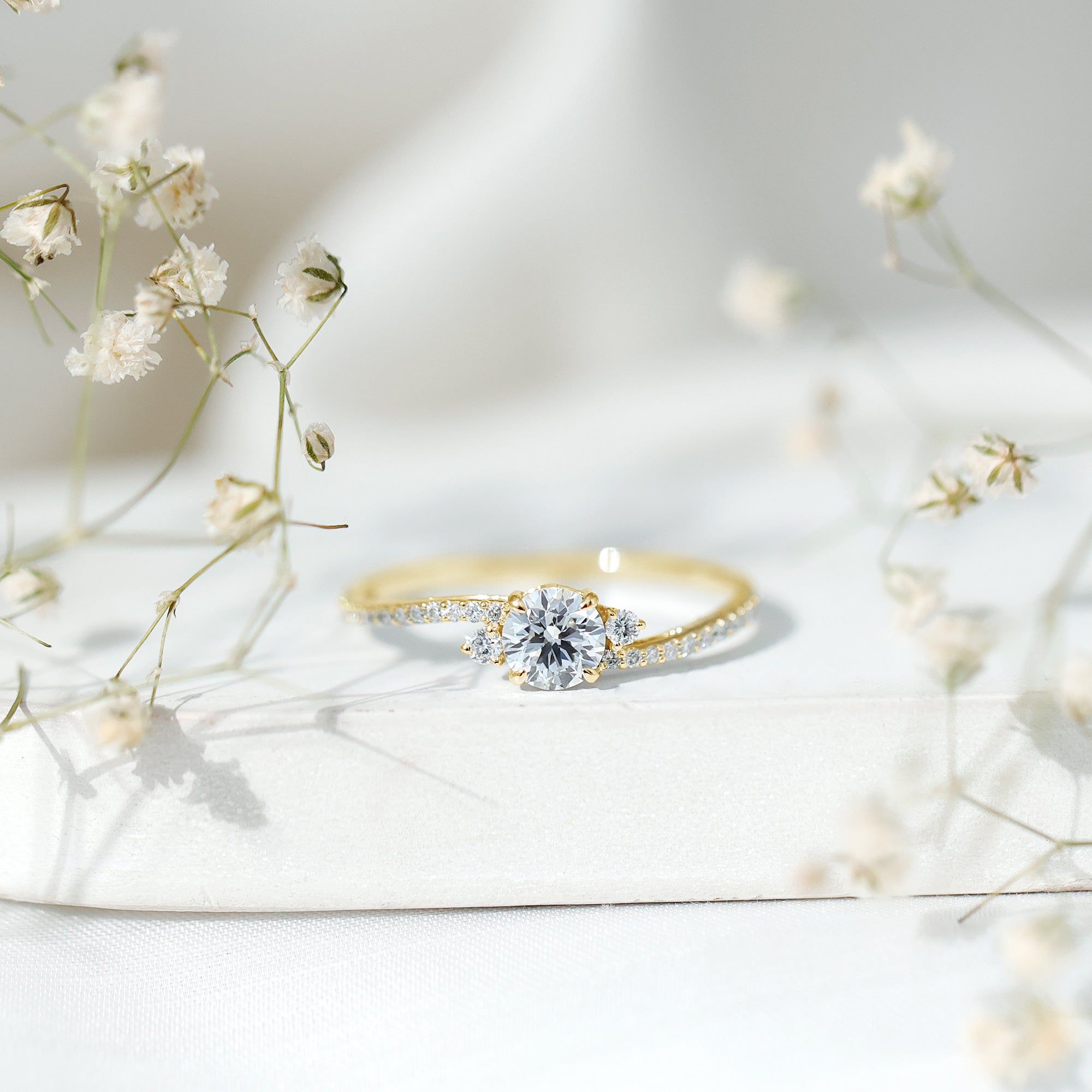 Round Shape Moissanite Bypass Engagement Ring with Side Stones D-VS1 - Rosec Jewels