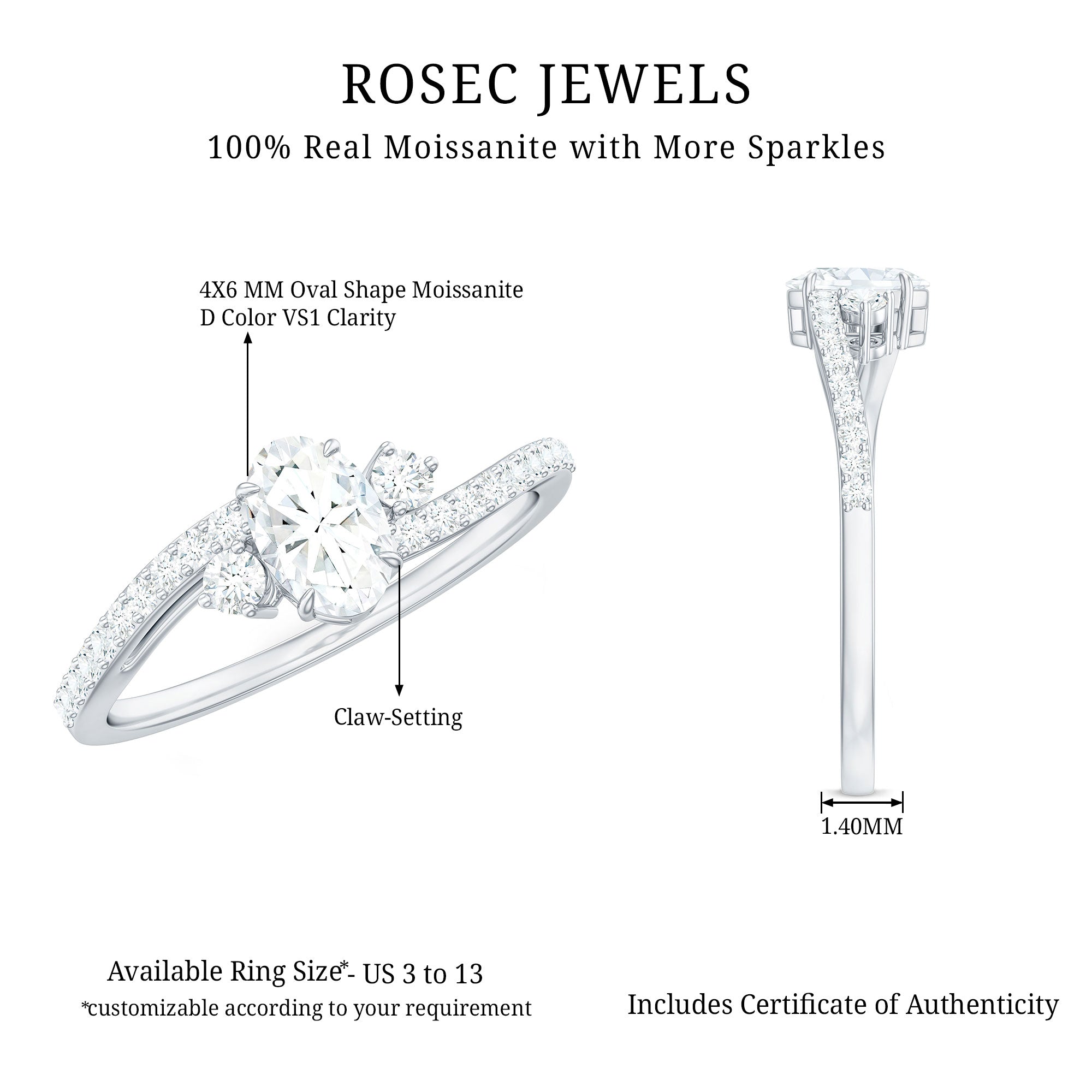 Oval Moissanite Bypass Engagement Ring with Side Stones D-VS1 - Rosec Jewels