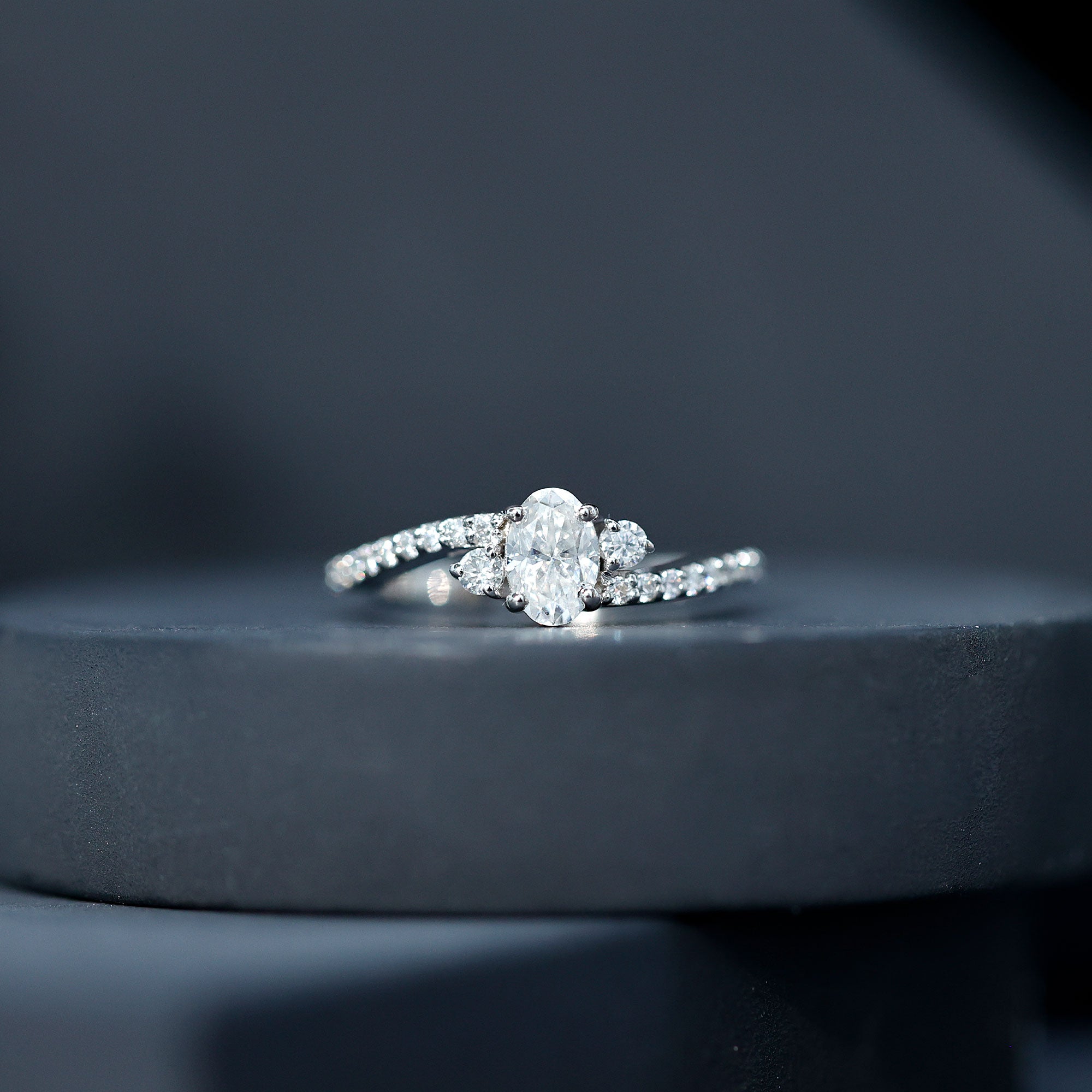 Oval Moissanite Bypass Engagement Ring with Side Stones D-VS1 - Rosec Jewels