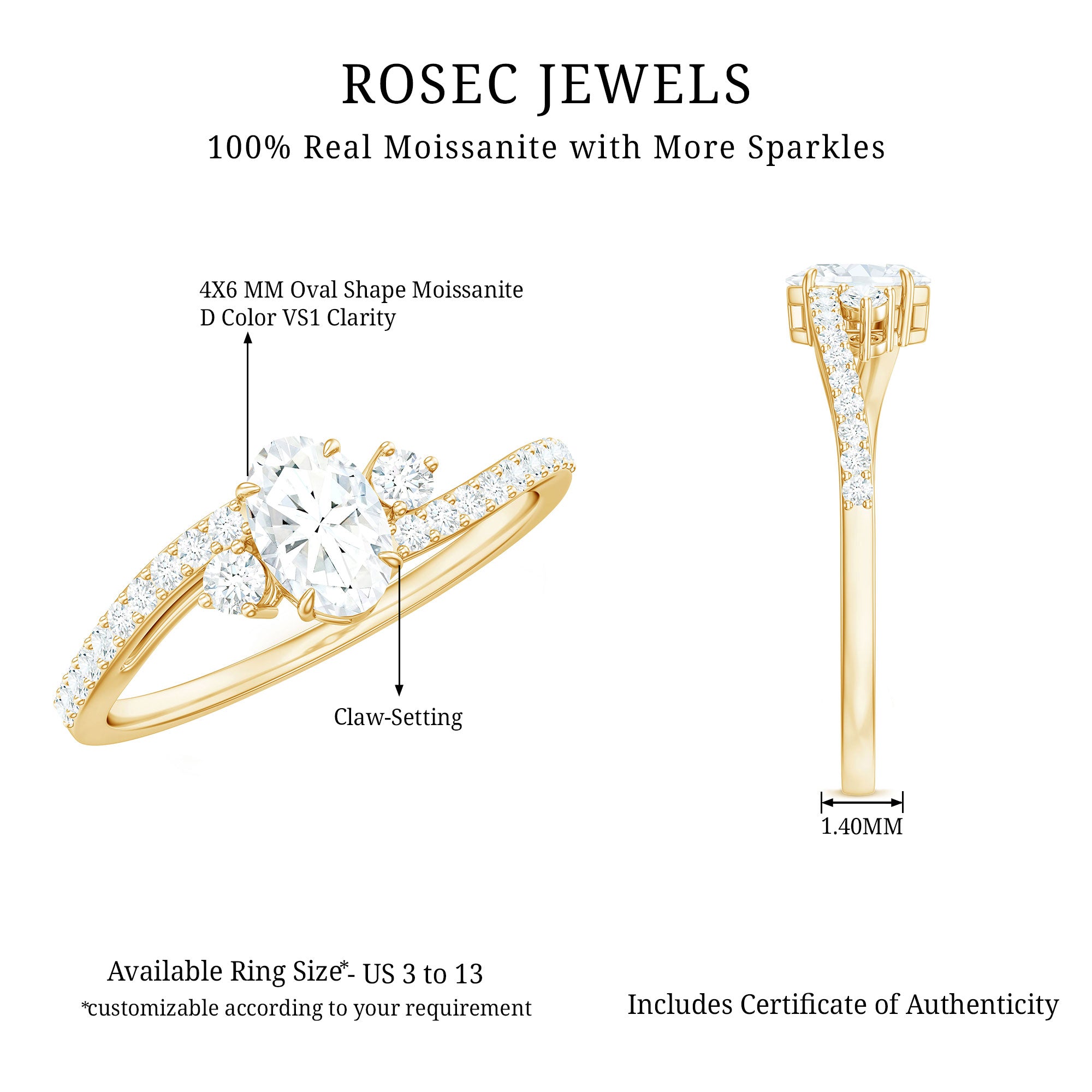 Oval Moissanite Bypass Engagement Ring with Side Stones D-VS1 - Rosec Jewels