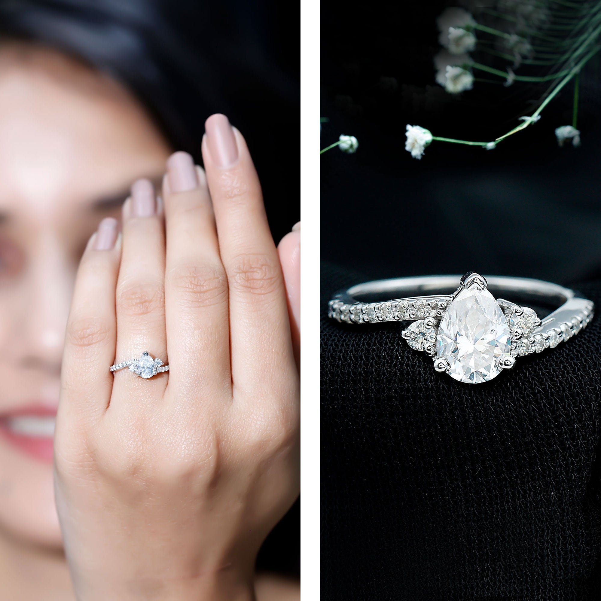 Pear Cut Moissanite Bypass Engagement Ring with Side Stones D-VS1 - Rosec Jewels