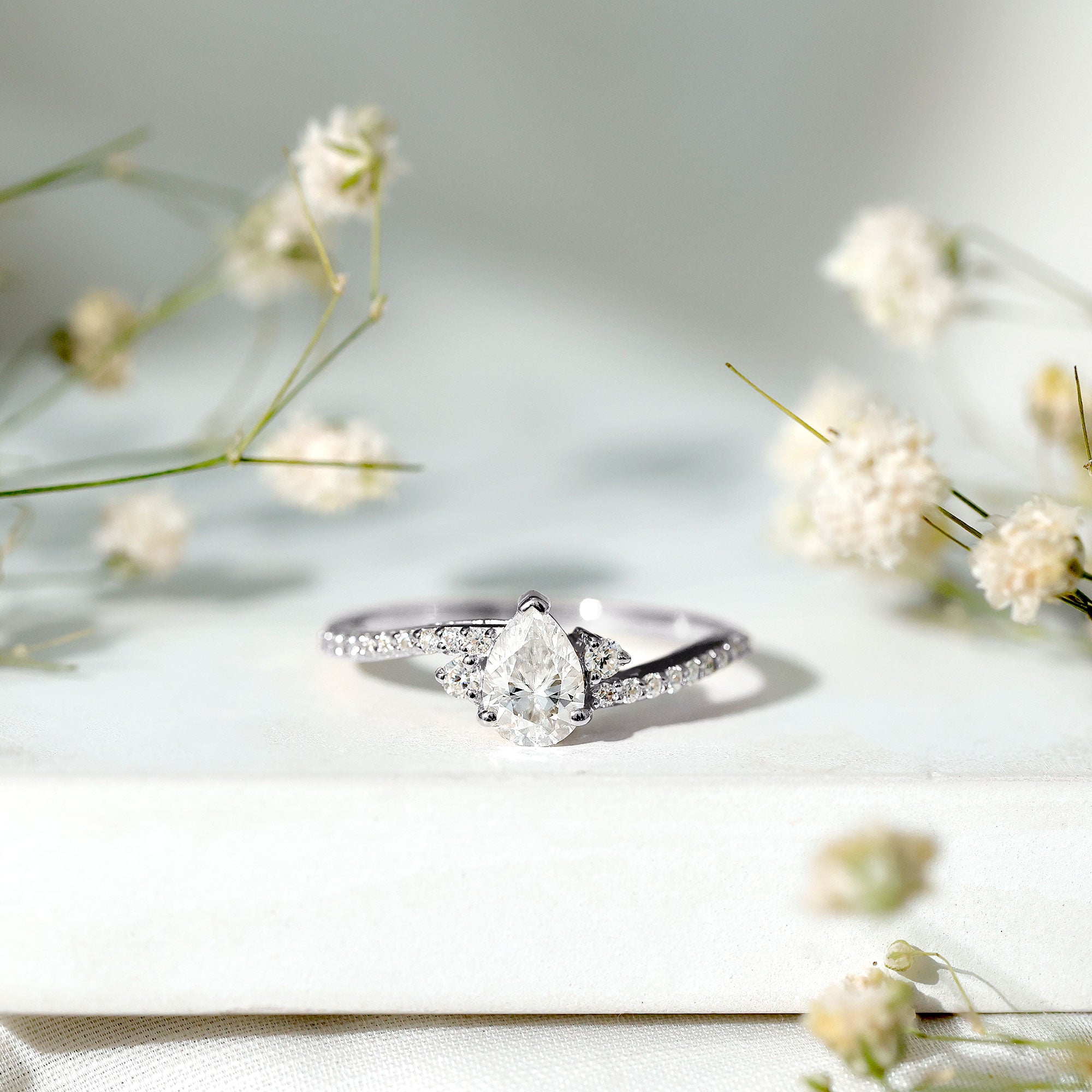 Pear Cut Moissanite Bypass Engagement Ring with Side Stones D-VS1 - Rosec Jewels