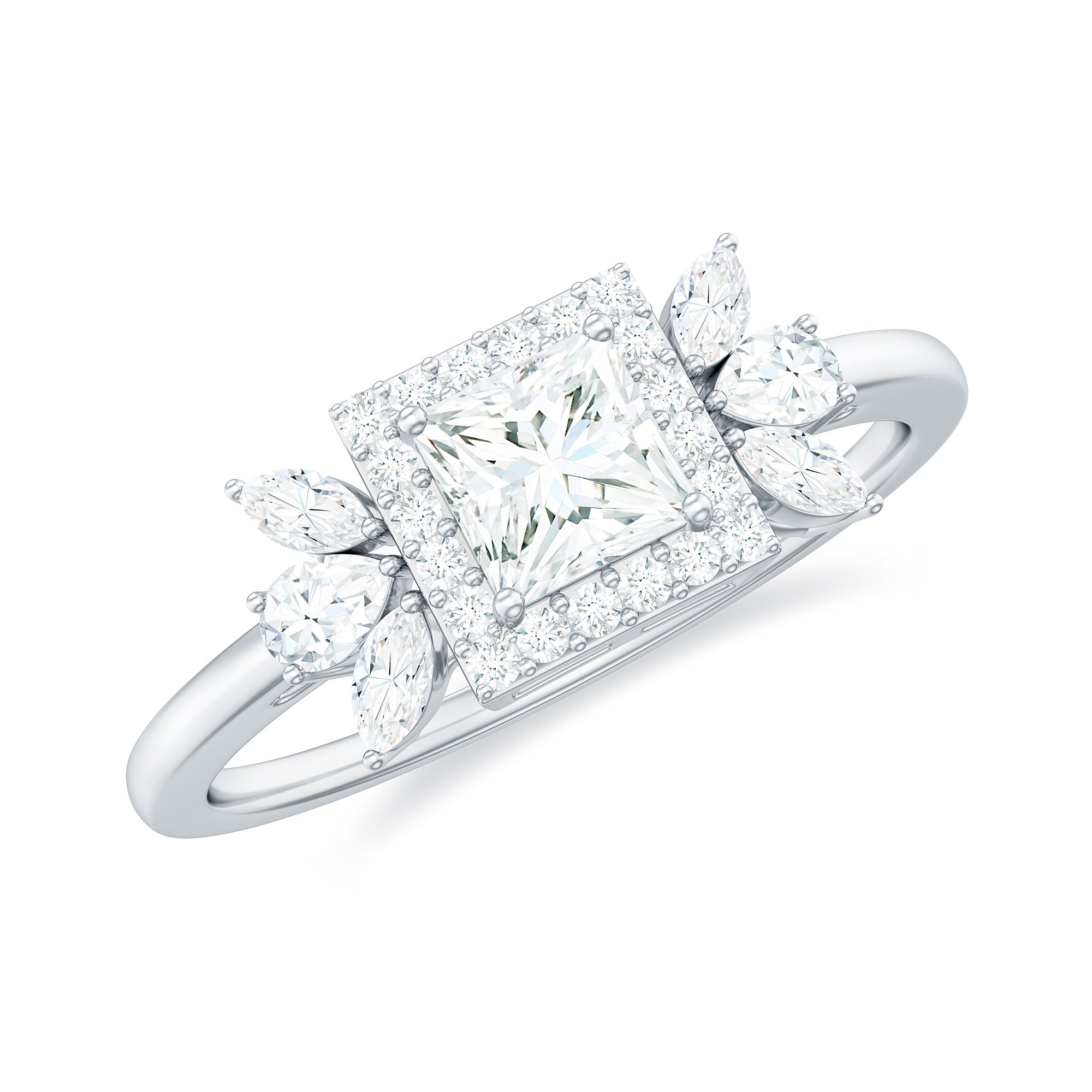 Studio product image of a white gold moissanite ring on a white background, featuring a princess cut center stone in a square halo with floral side stones and a slim polished band.