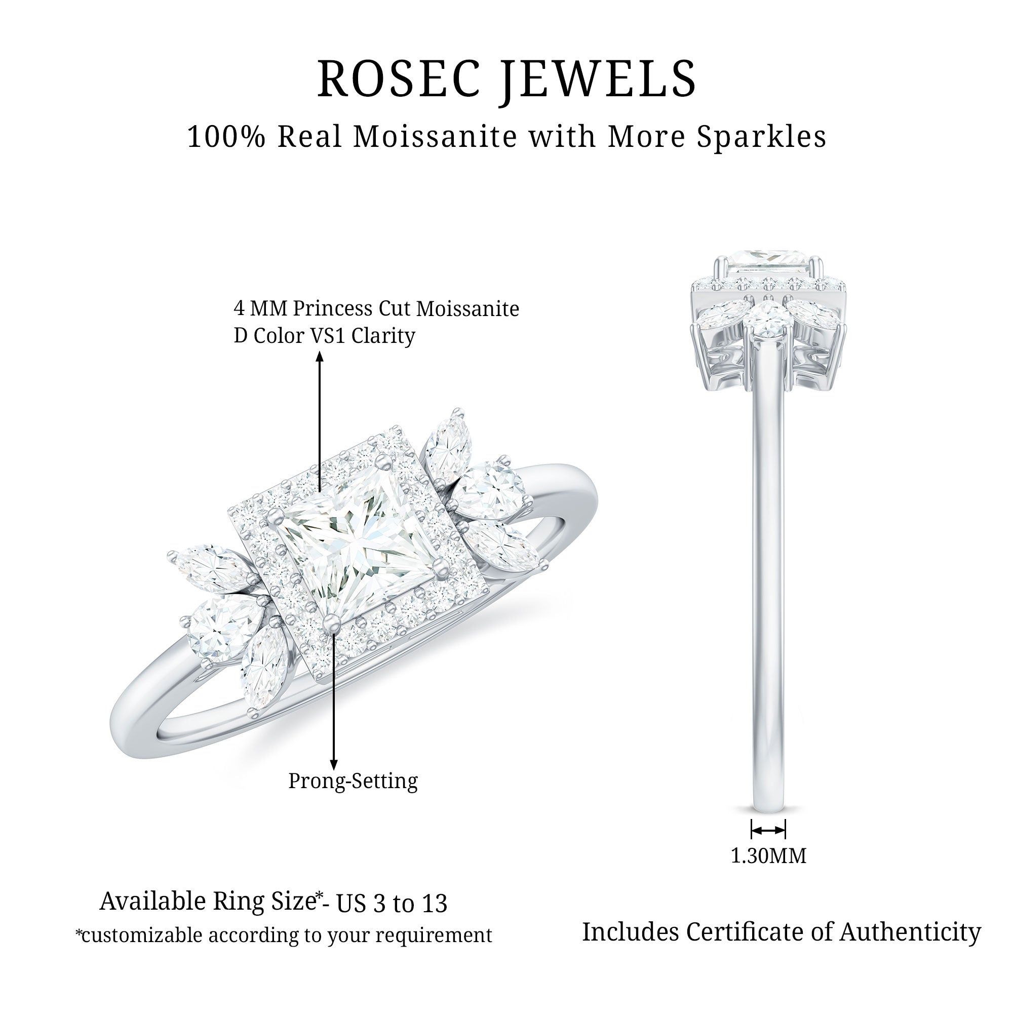 Rosec Jewels white gold moissanite ring product infographic featuring a 4 mm princess cut moissanite center stone with D color and VS1 clarity, halo setting, floral side stones, prong setting, 1.30 mm band width, US ring sizes 3 to 13, and certificate of authenticity.
