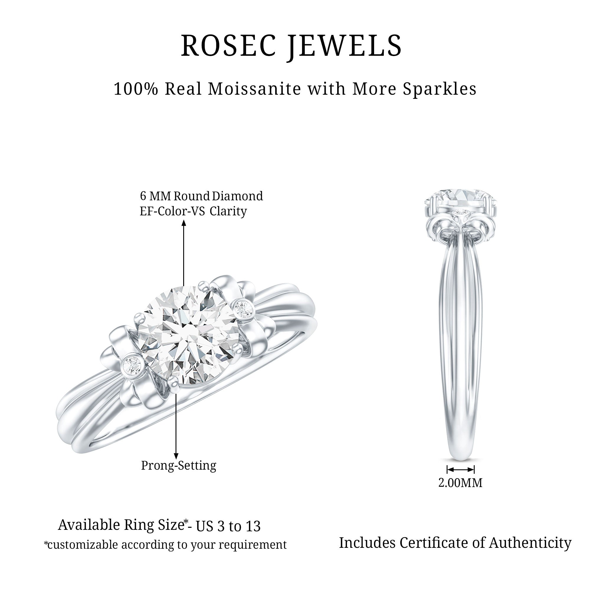Certified Moissanite Engagement Ring with Bow Ribbon D-VS1 - Rosec Jewels