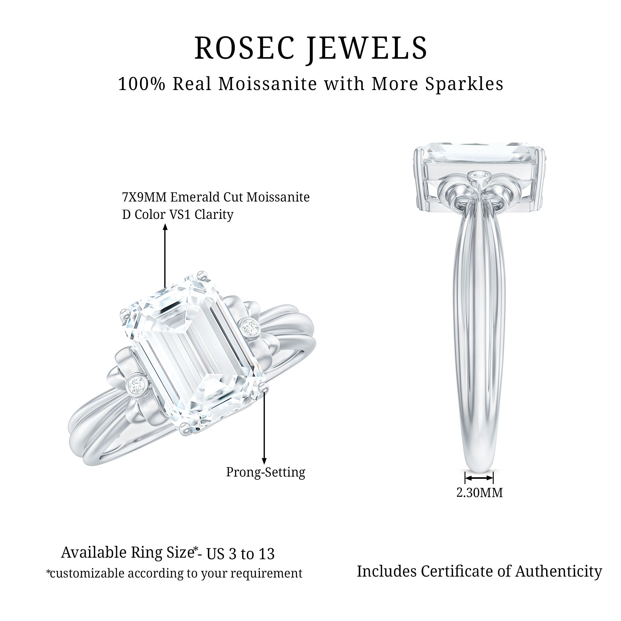 Certified Emerald Cut Moissanite Huge Engagement Ring D-VS1 - Rosec Jewels