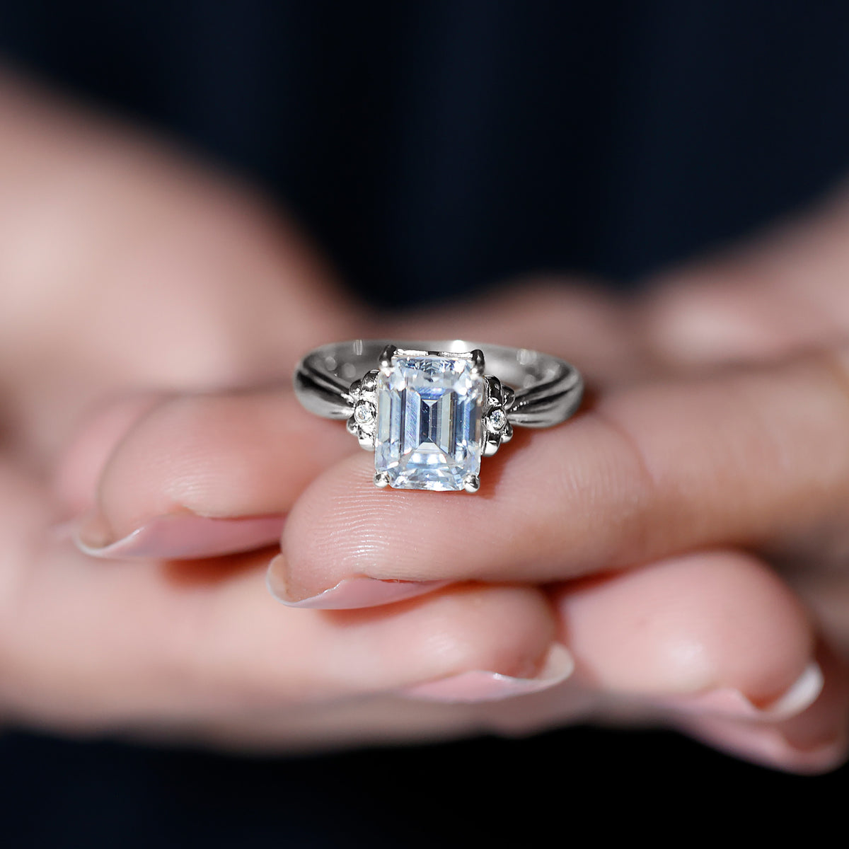 Certified Emerald Cut Moissanite Huge Engagement Ring D-VS1 - Rosec Jewels