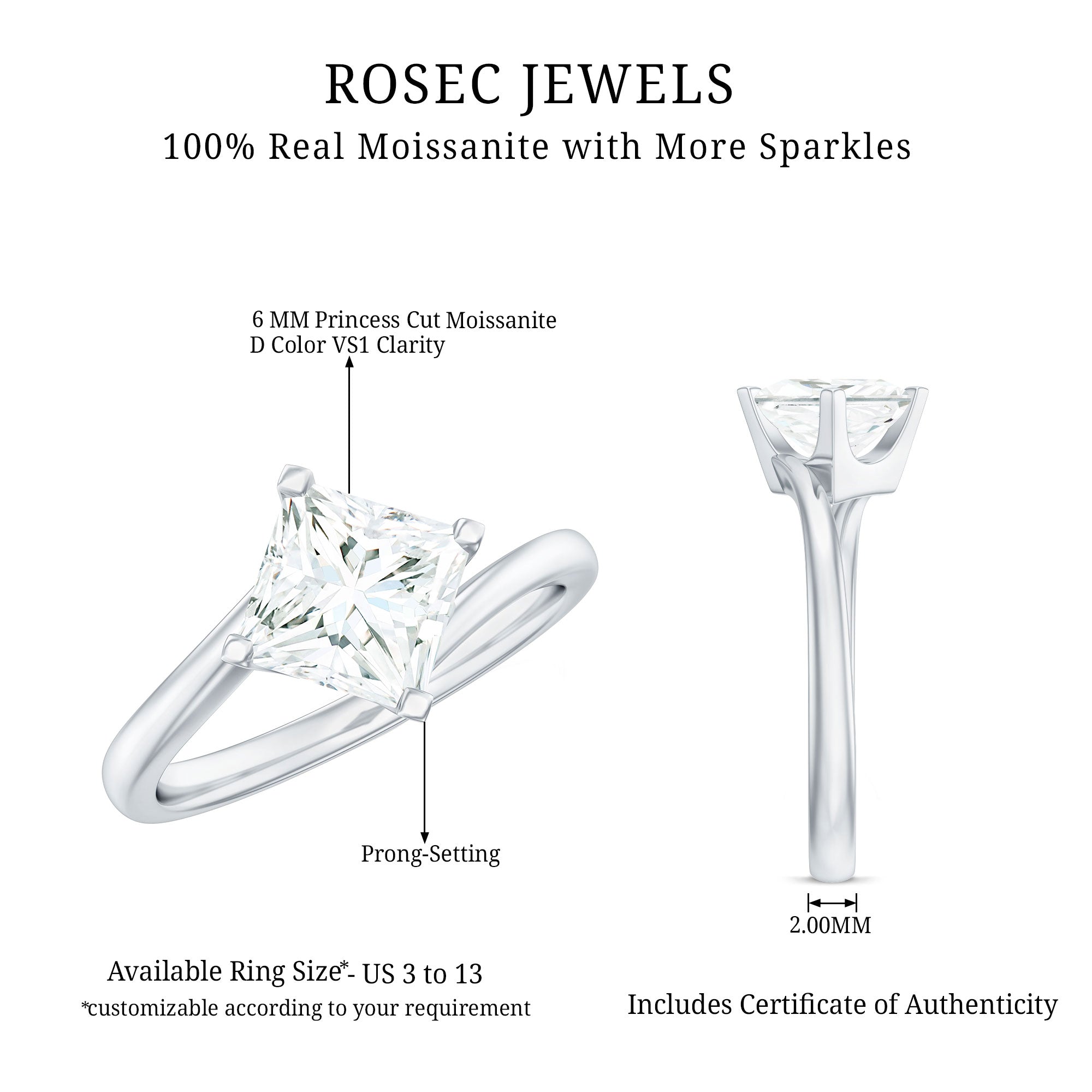 Princess Cut Moissanite Solitaire Bypass Promise Ring in Gold D-VS1 - Rosec Jewels