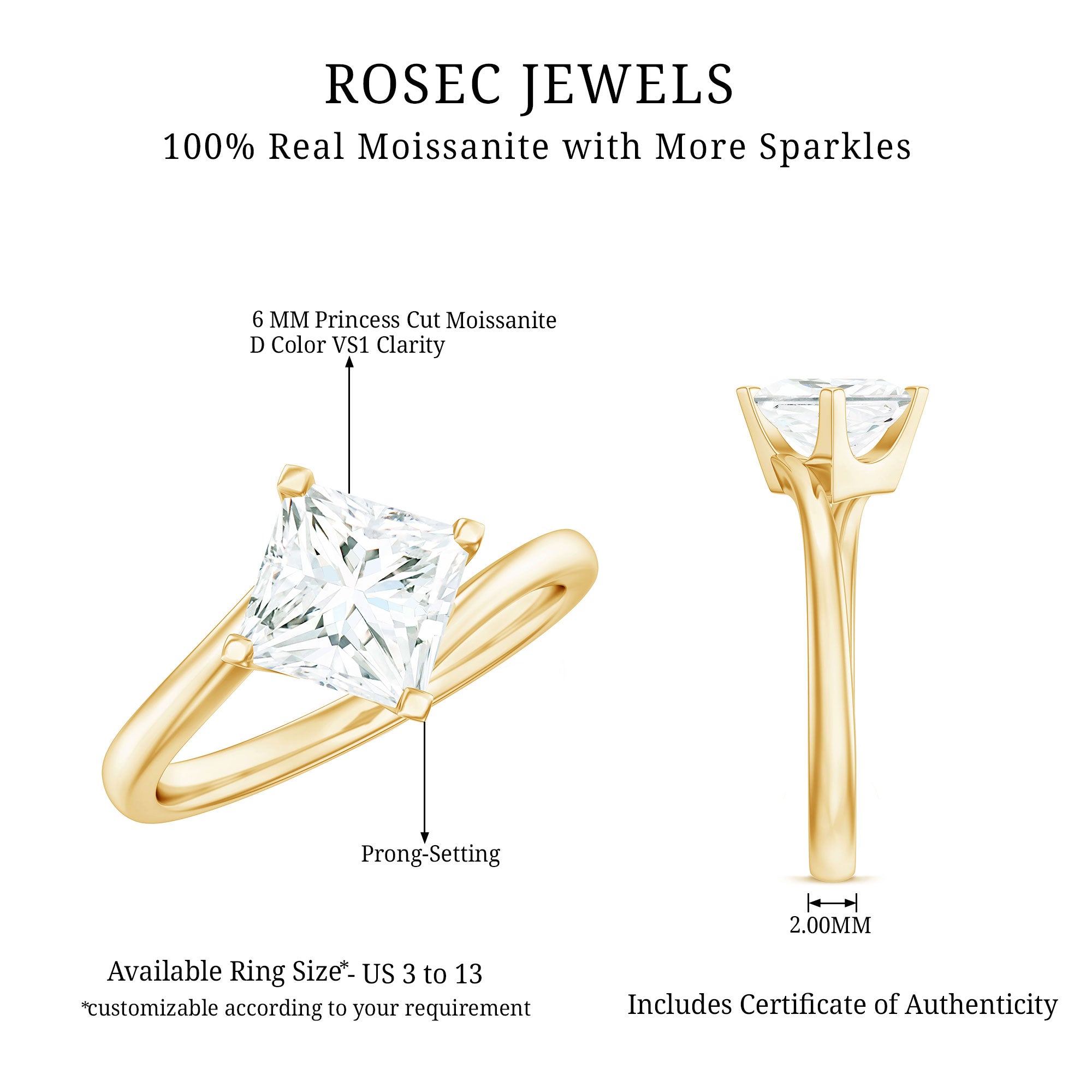 Princess Cut Moissanite Solitaire Bypass Promise Ring in Gold D-VS1 - Rosec Jewels