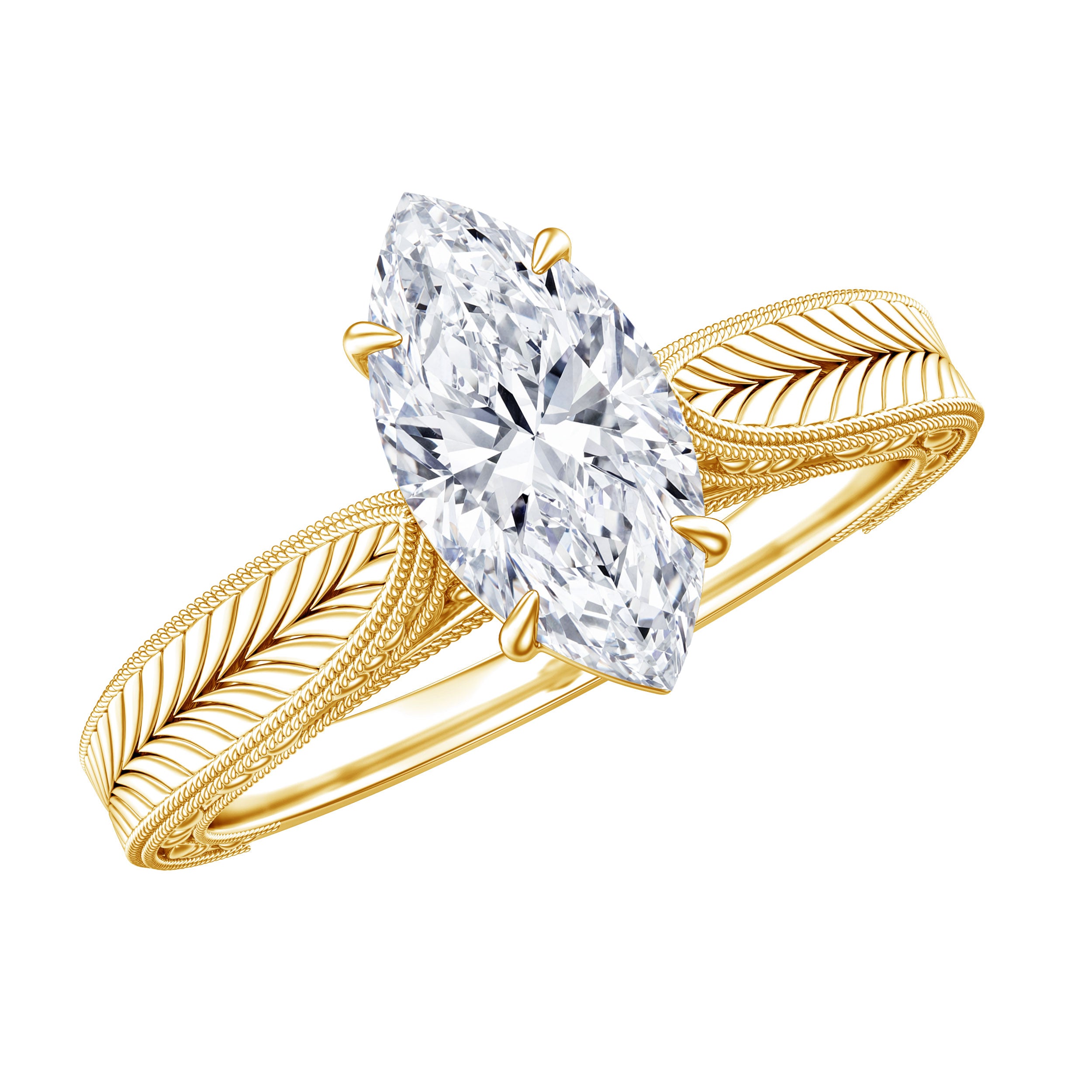 1 Carat Moissanite Marquise Engagement Ring with Leaf Engraved Shank D-VS1 - Rosec Jewels