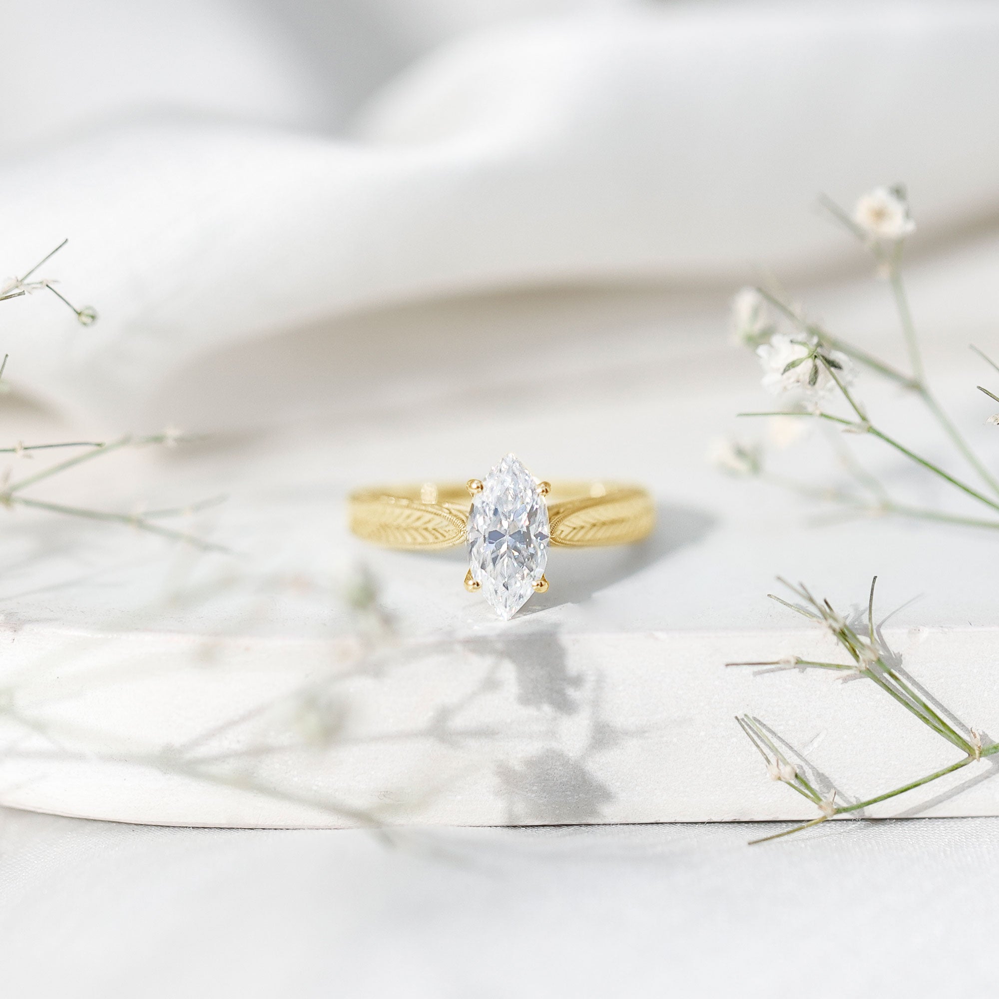 1 Carat Moissanite Marquise Engagement Ring with Leaf Engraved Shank D-VS1 - Rosec Jewels