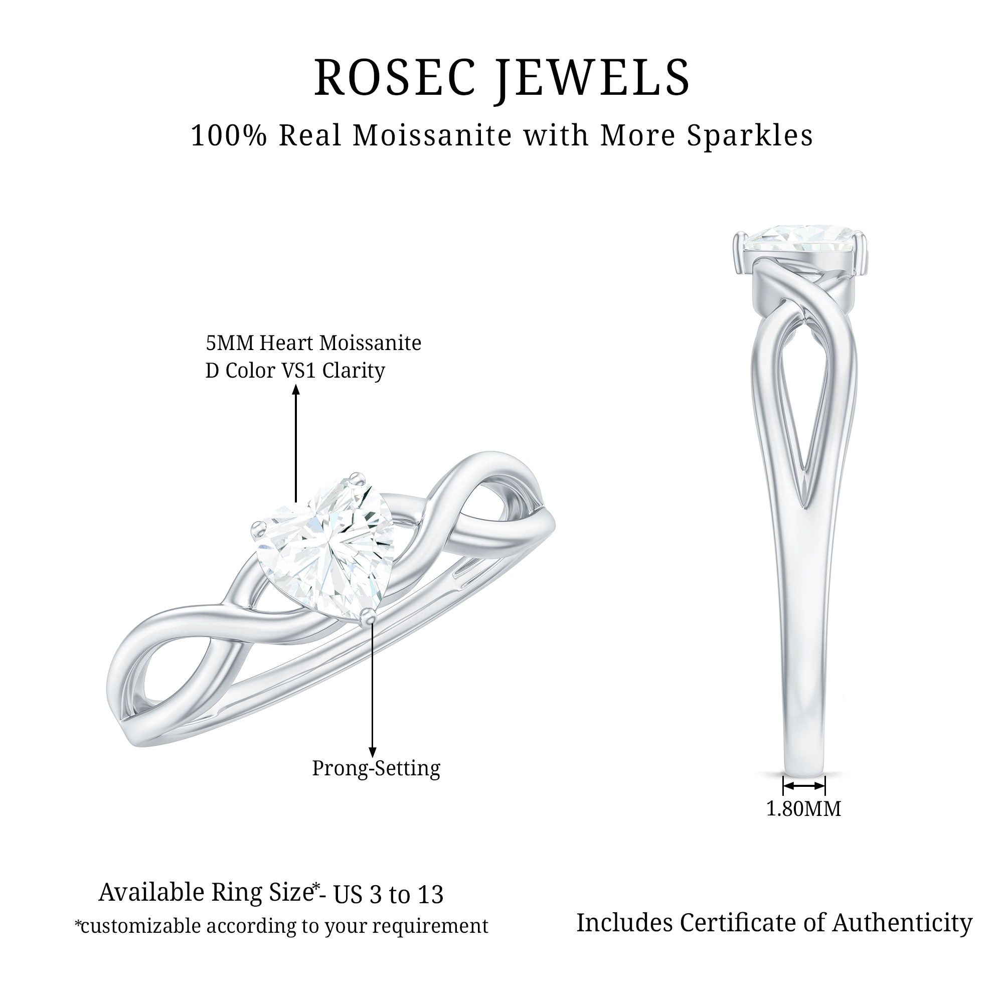 Heart Shape Moissanite Promise Ring with Crossover Band D-VS1 - Rosec Jewels