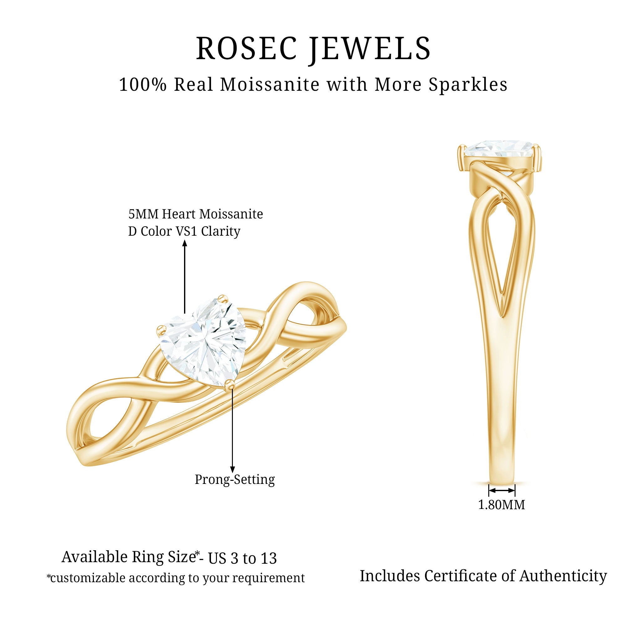 Heart Shape Moissanite Promise Ring with Crossover Band D-VS1 - Rosec Jewels