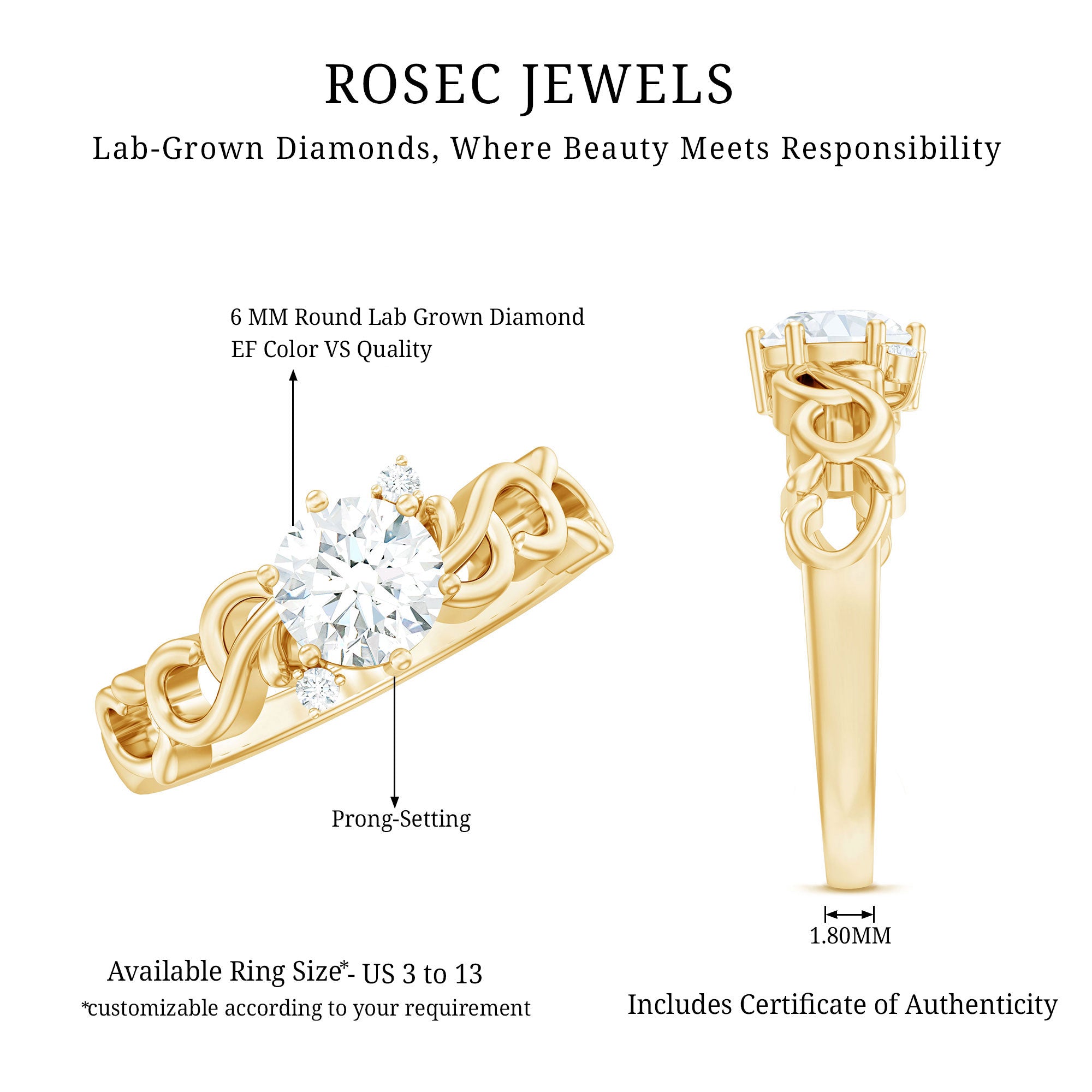 Lab Grown Diamond Art Deco Engagement Ring Lab - ( EF-VS ) - Rosec Jewels
