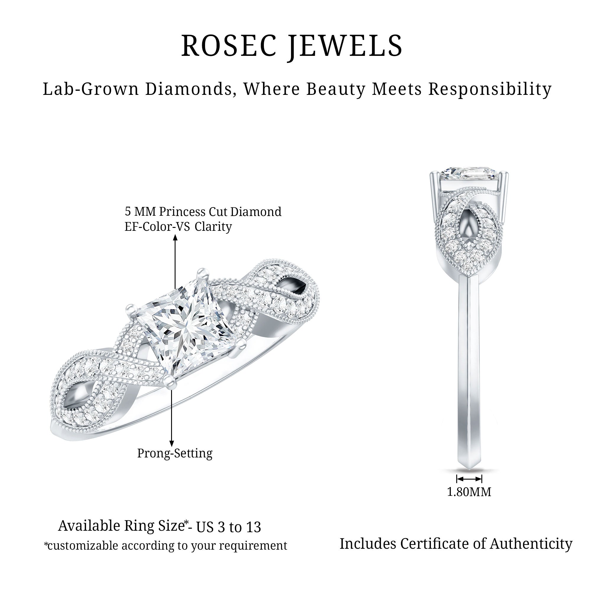 Lab Grown Diamond Princess Cut Engagement Ring For Her Lab - ( EF-VS ) - Rosec Jewels