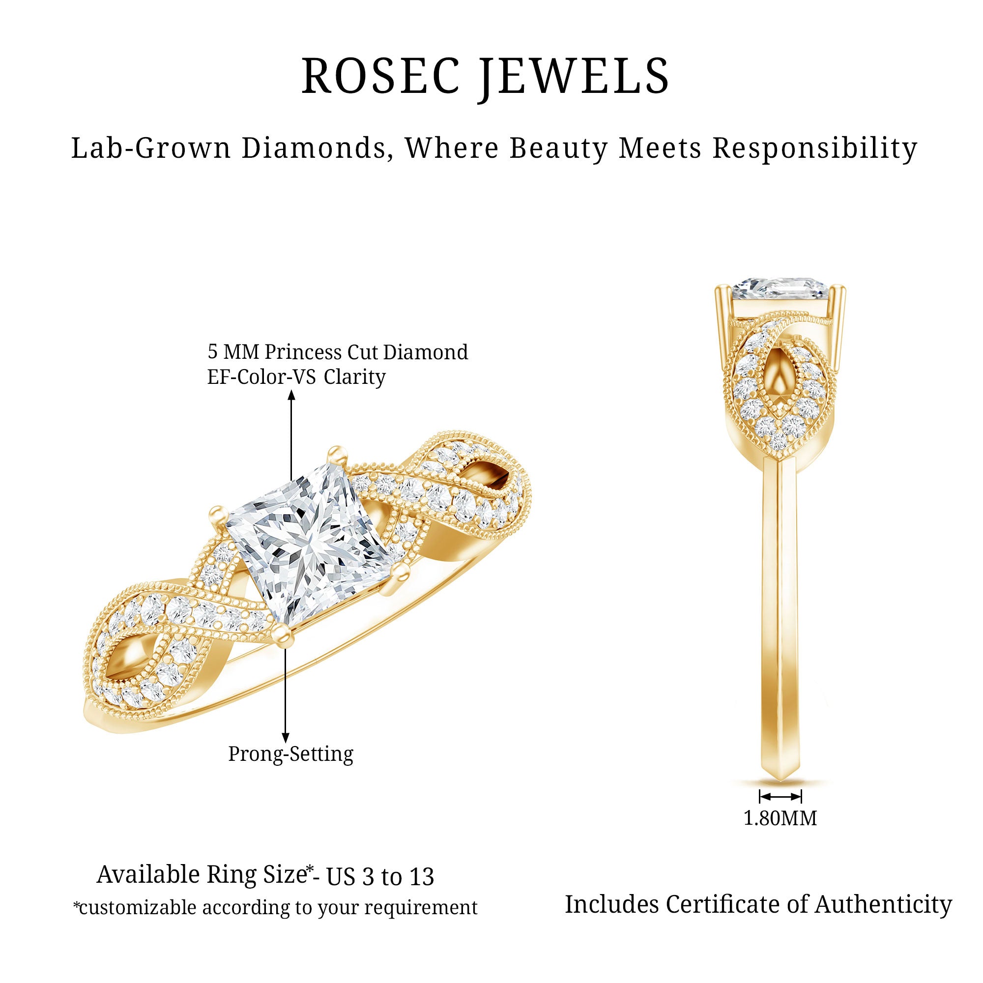 Lab Grown Diamond Princess Cut Engagement Ring For Her Lab - ( EF-VS ) - Rosec Jewels