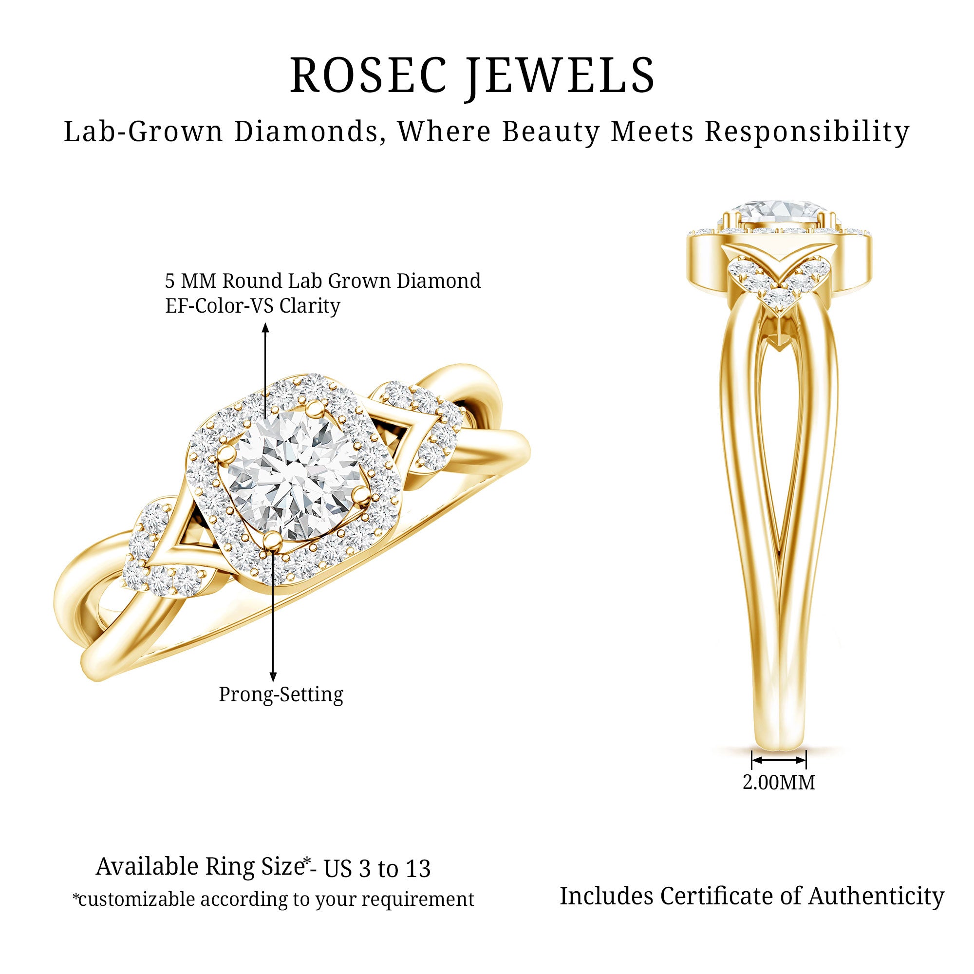 Lab Grown Diamond Halo Engagement Ring Lab - ( EF-VS ) - Rosec Jewels