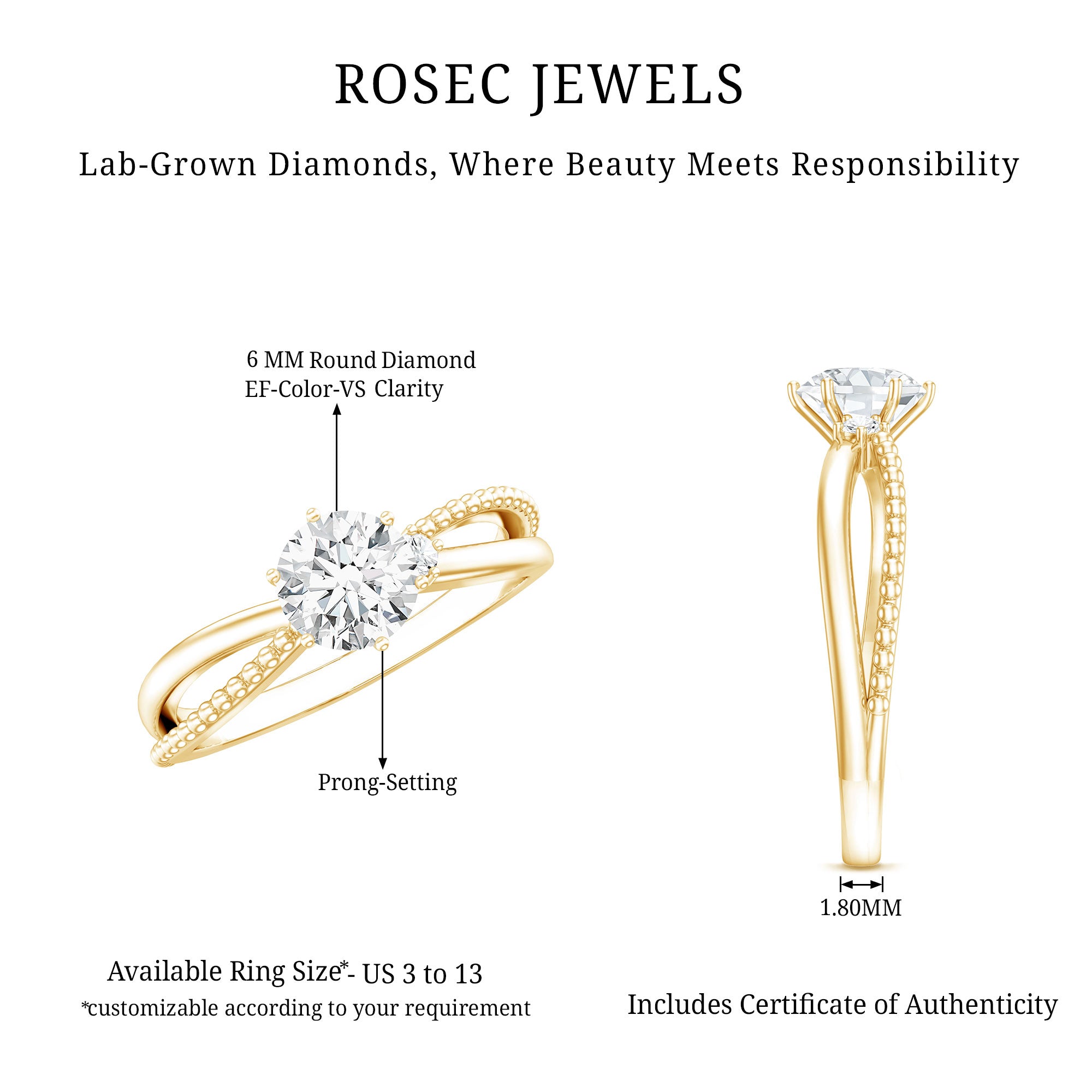 Rosec Jewels-Lab Grown Diamond Solitaire Splt Shank Engagement Ring