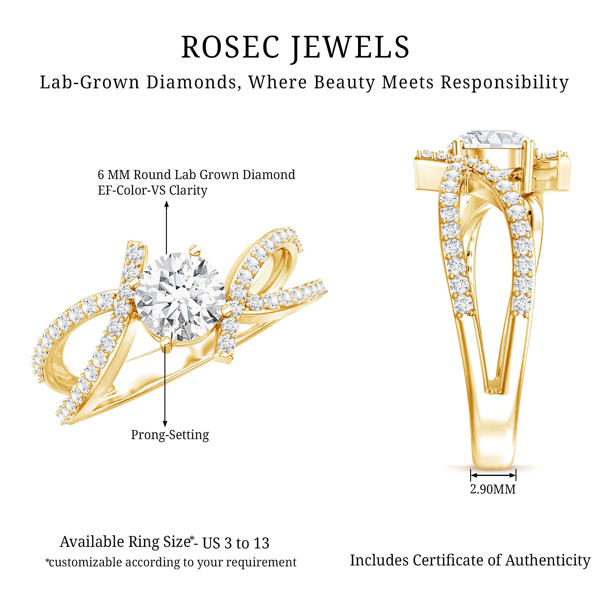 Certified Lab Grown Diamond Bypass Engagement Ring Lab - ( EF-VS ) - Rosec Jewels