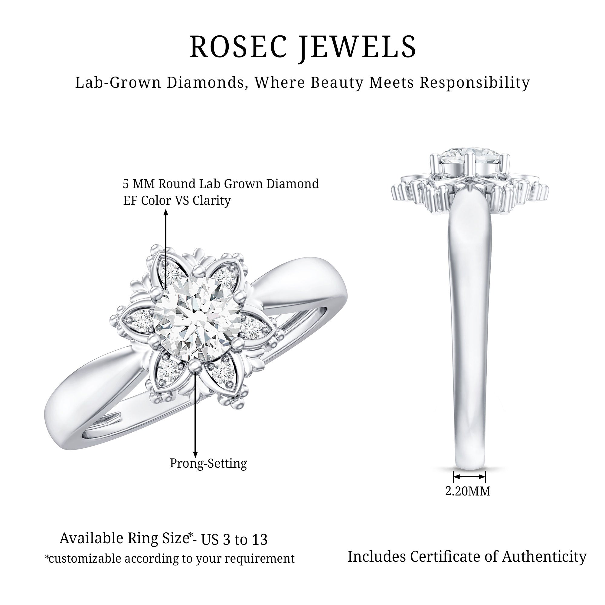 Certified Lab Grown Diamond Floral Engagement Ring for Women Lab - ( EF-VS ) - Rosec Jewels