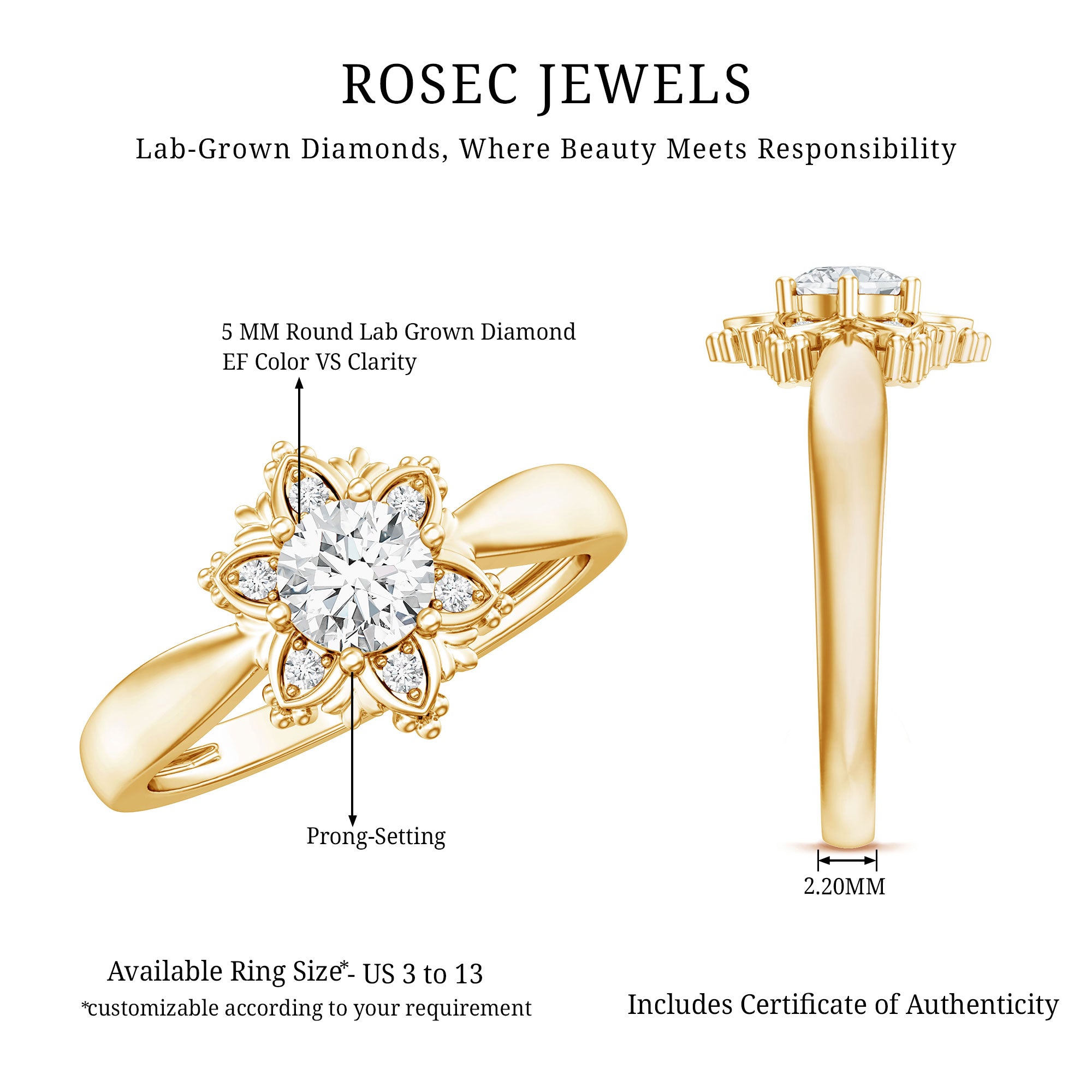 Certified Lab Grown Diamond Floral Engagement Ring for Women Lab - ( EF-VS ) - Rosec Jewels