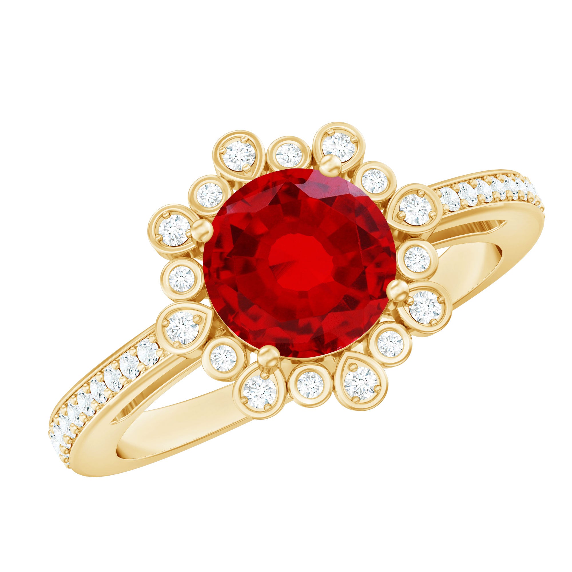 Vintage Style Lab Created Ruby and Diamond Halo Engagement Ring AAAA - Rosec Jewels