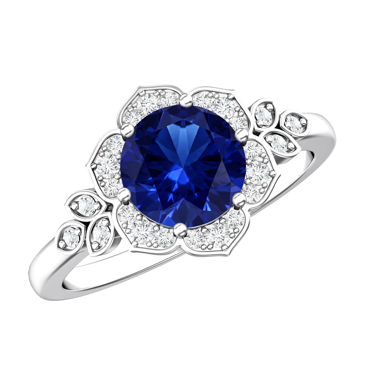 Round Created Blue Sapphire Flower Engagement Ring with Diamond AAAA - Rosec Jewels