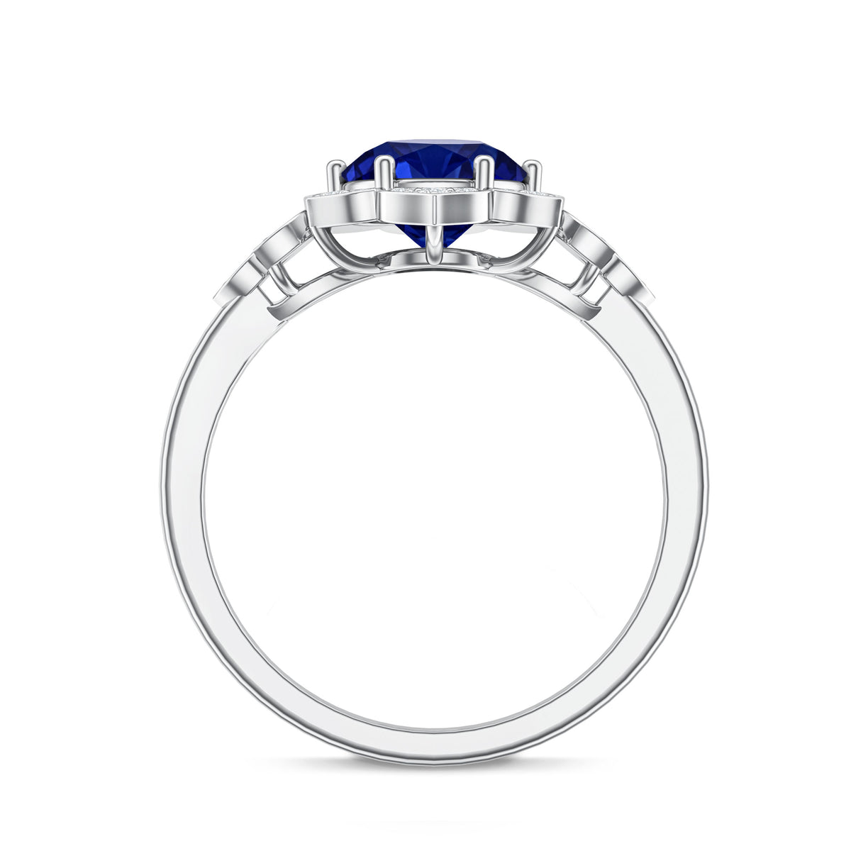 Round Created Blue Sapphire Flower Engagement Ring with Diamond AAAA - Rosec Jewels