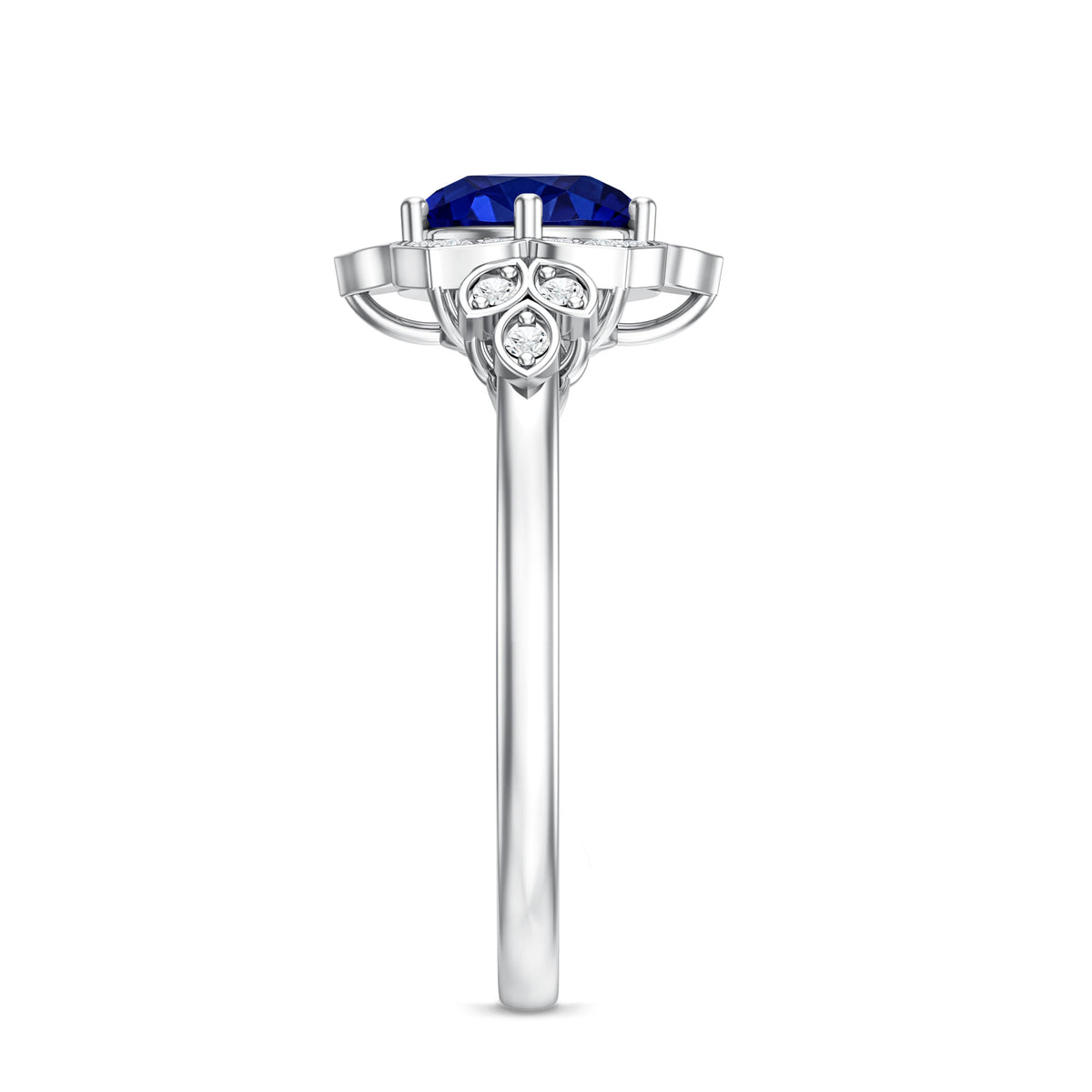 Round Created Blue Sapphire Flower Engagement Ring with Diamond AAAA - Rosec Jewels
