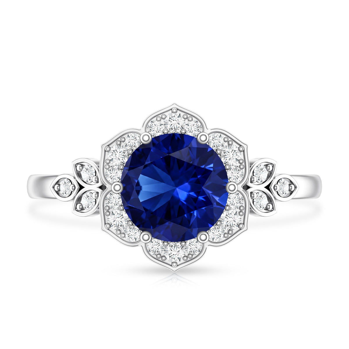 Round Created Blue Sapphire Flower Engagement Ring with Diamond AAAA - Rosec Jewels