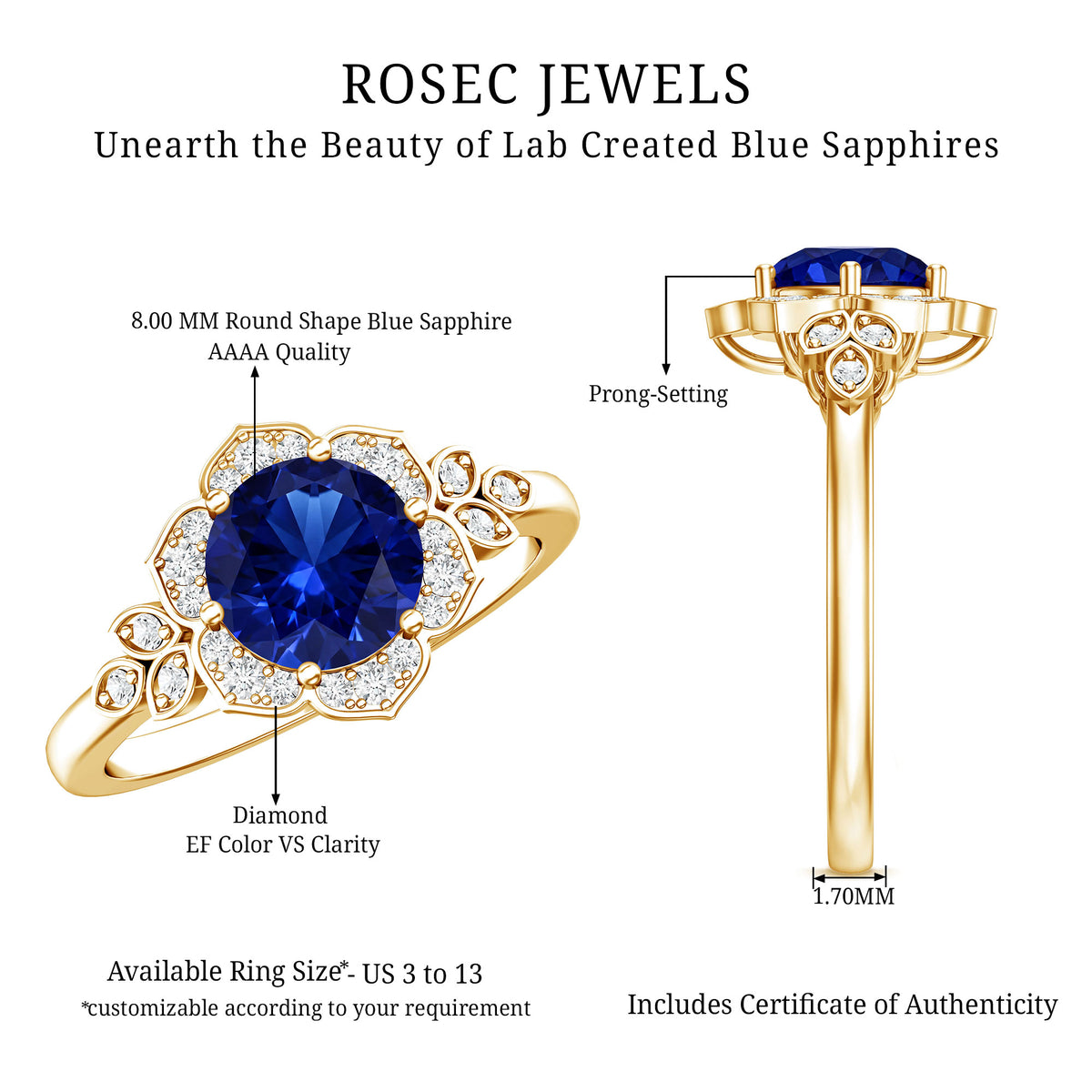 Round Created Blue Sapphire Flower Engagement Ring with Diamond AAAA - Rosec Jewels